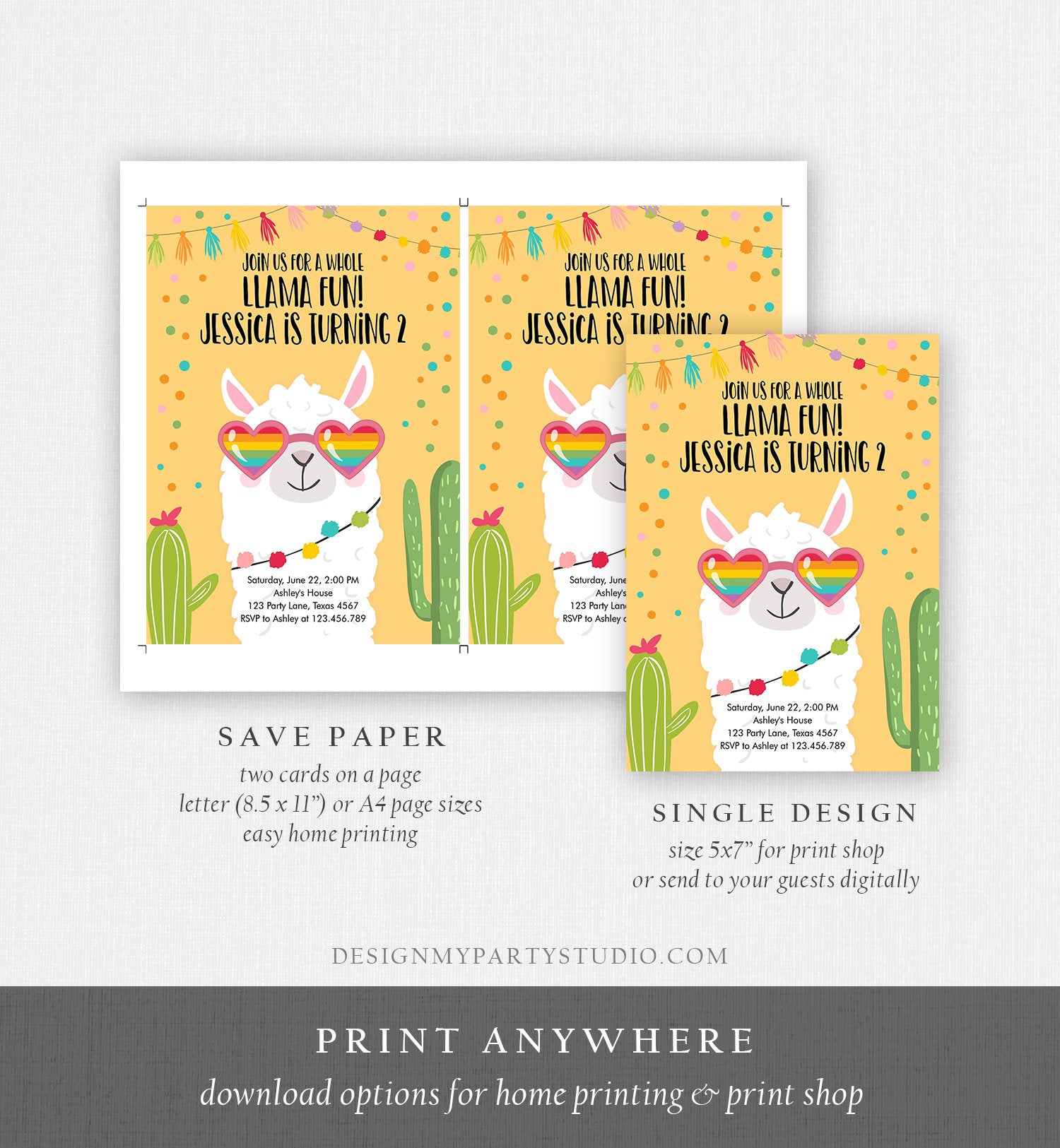 Editable Whole Llama Fun Birthday Invitation Fiesta Llama Cactus Mexican Party Yellow Sunglasses Girl Alpaca Corjl Template Printable 0079