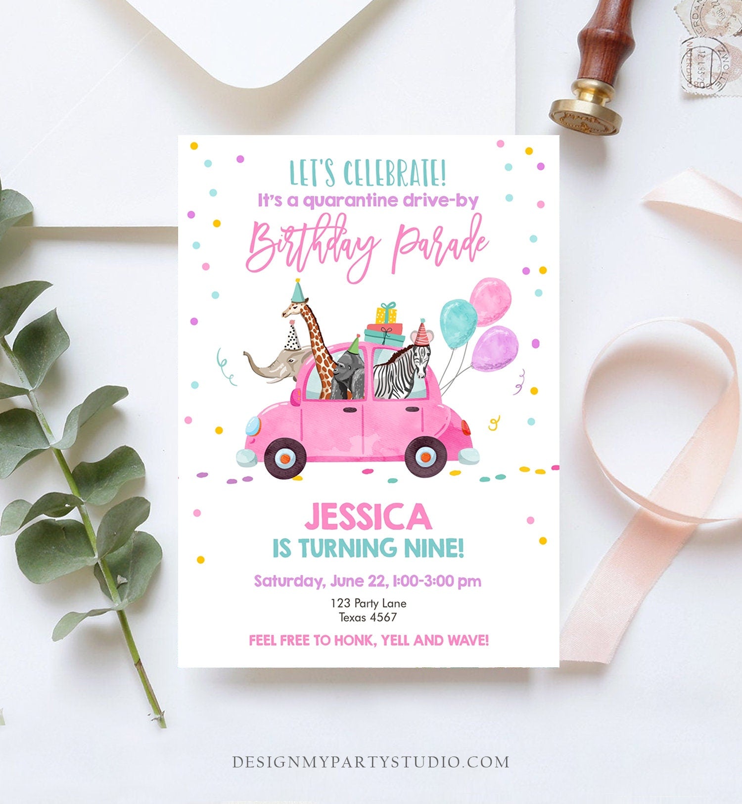Editable Drive By Birthday Parade Invitation Virtual Birthday Party Invite Girl Pink Party Animals Safari Download Digital Corjl 0333