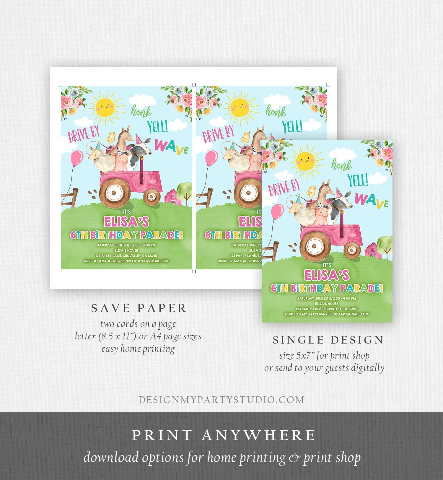Editable Drive By Birthday Parade Invitation Farm Animals Virtual Party Invite Honk Wave Car Girl Pink Party Animals Digital Corjl 0155