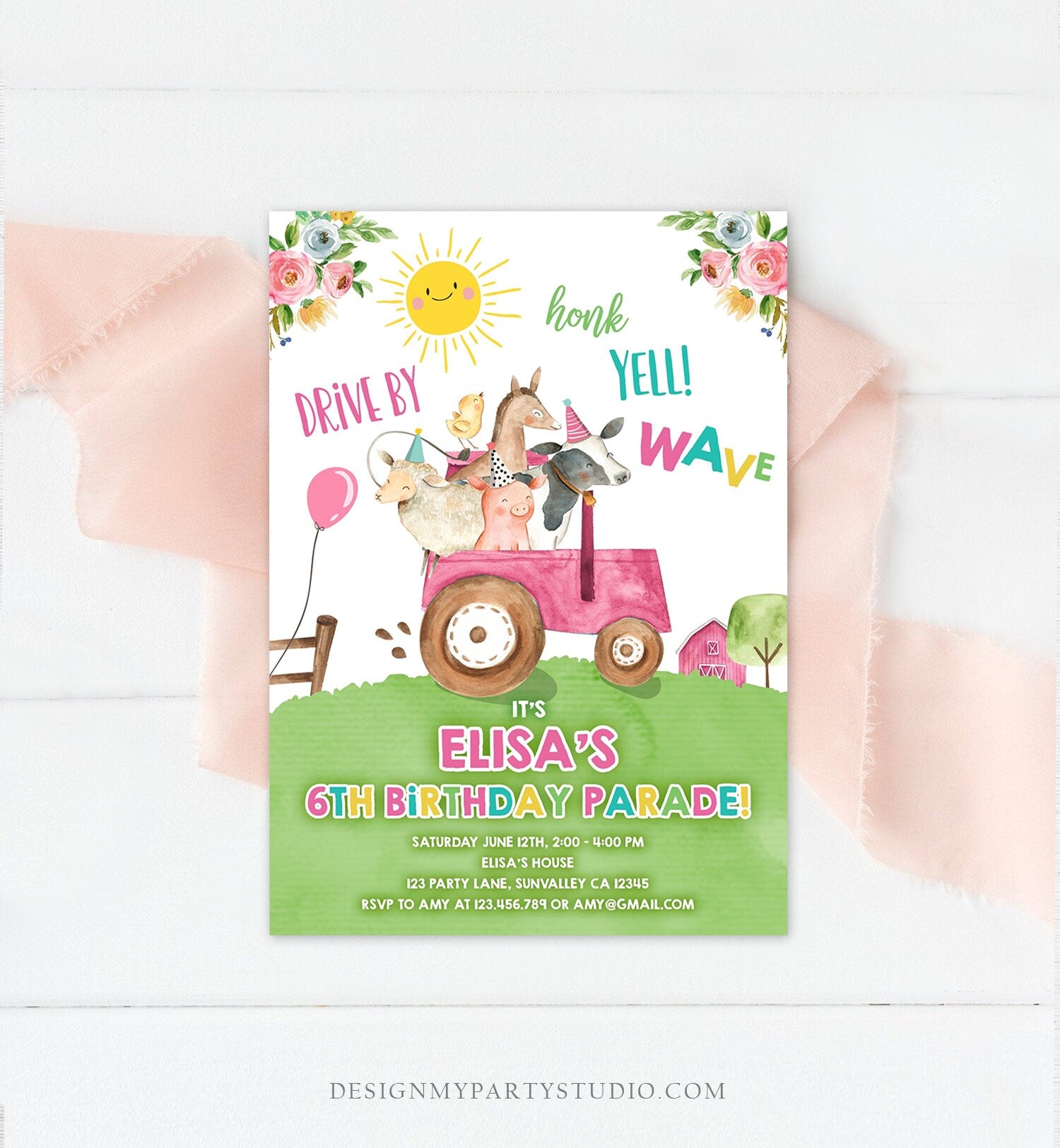Editable Drive By Birthday Parade Invitation Farm Animals Virtual Party Invite Honk Wave Car Girl Pink Party Animals Digital Corjl 0155