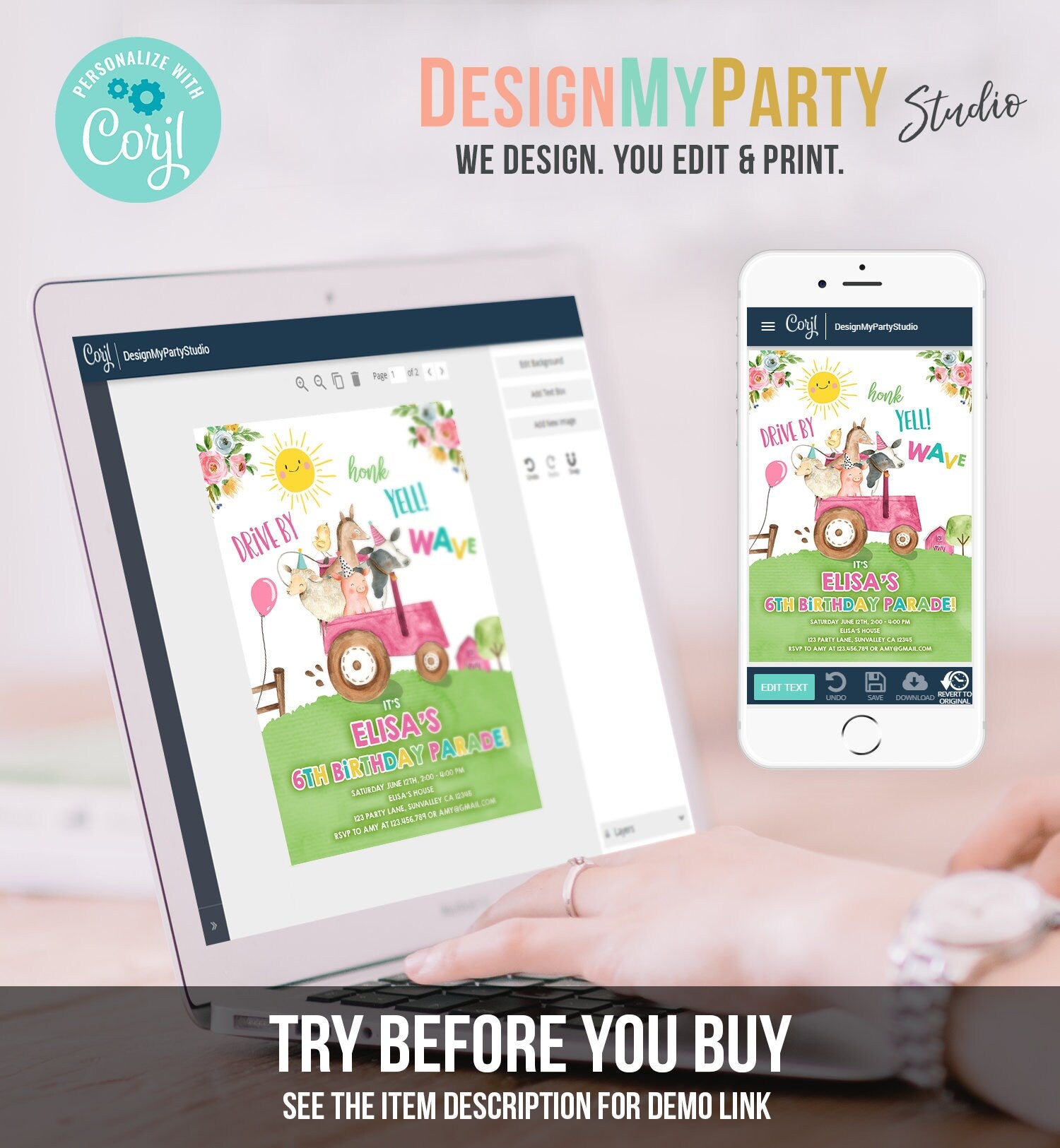 Editable Drive By Birthday Parade Invitation Farm Animals Virtual Party Invite Honk Wave Car Girl Pink Party Animals Digital Corjl 0155