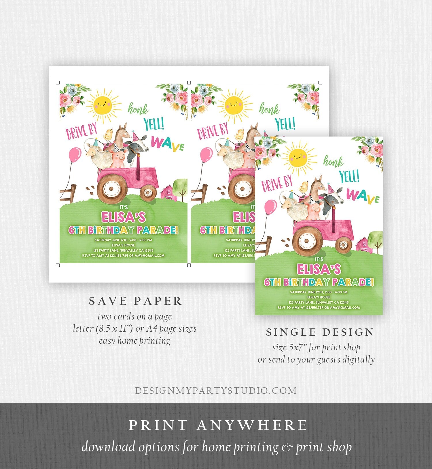 Editable Drive By Birthday Parade Invitation Farm Animals Virtual Party Invite Honk Wave Car Girl Pink Party Animals Digital Corjl 0155