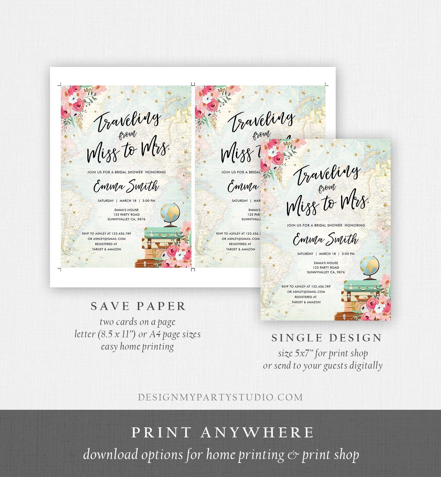 Editable Miss to Mrs Travel Bridal Shower Invitation Flowers Globe Suitcase Gold Confetti Traveling Download Printable Corjl Template 0030