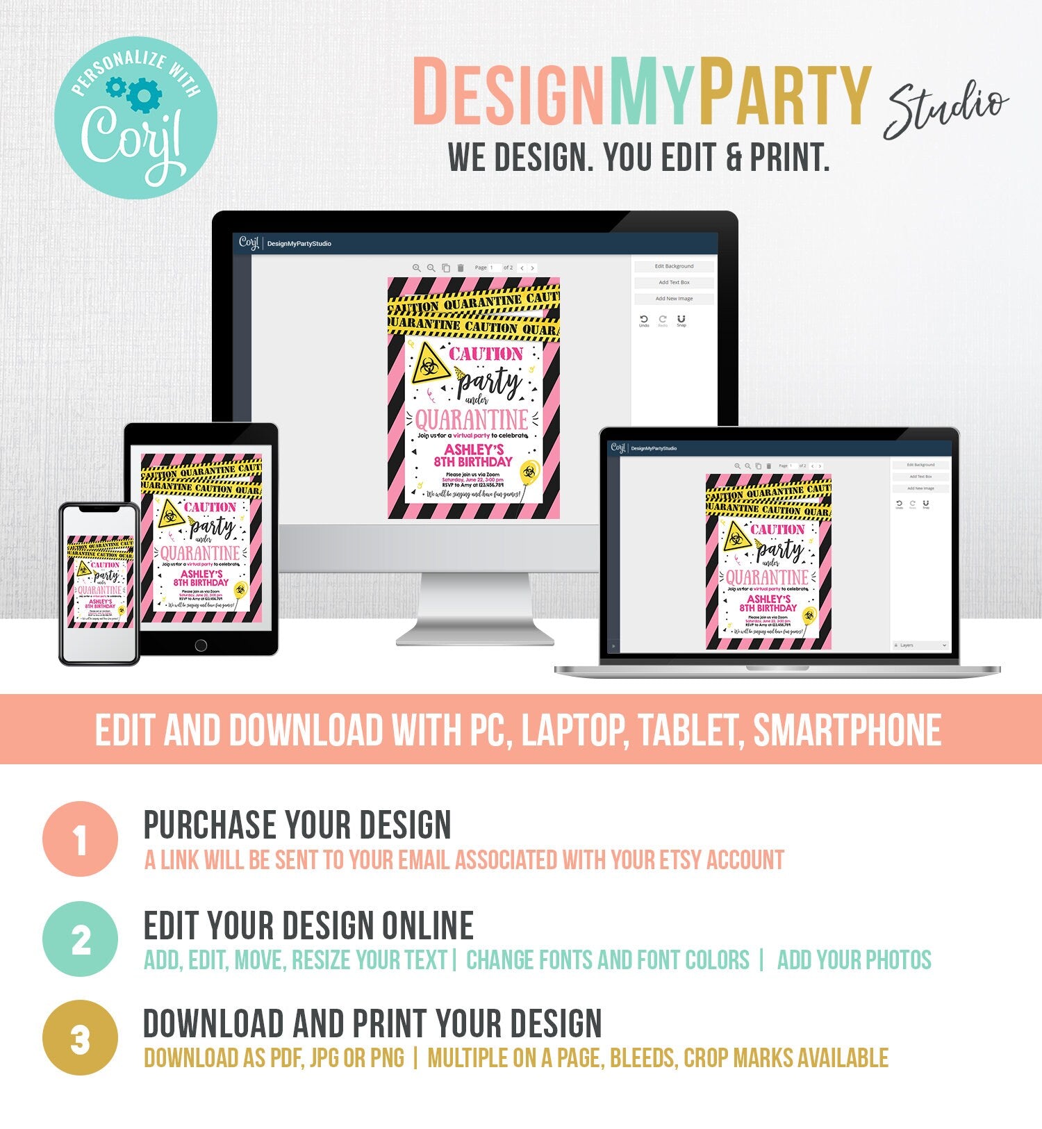 Editable Quarantine Birthday Invitation Virtual Party Quarantine Birthday Party Zoom Birthday Girl Pink Instant Download Digital Corjl 0334