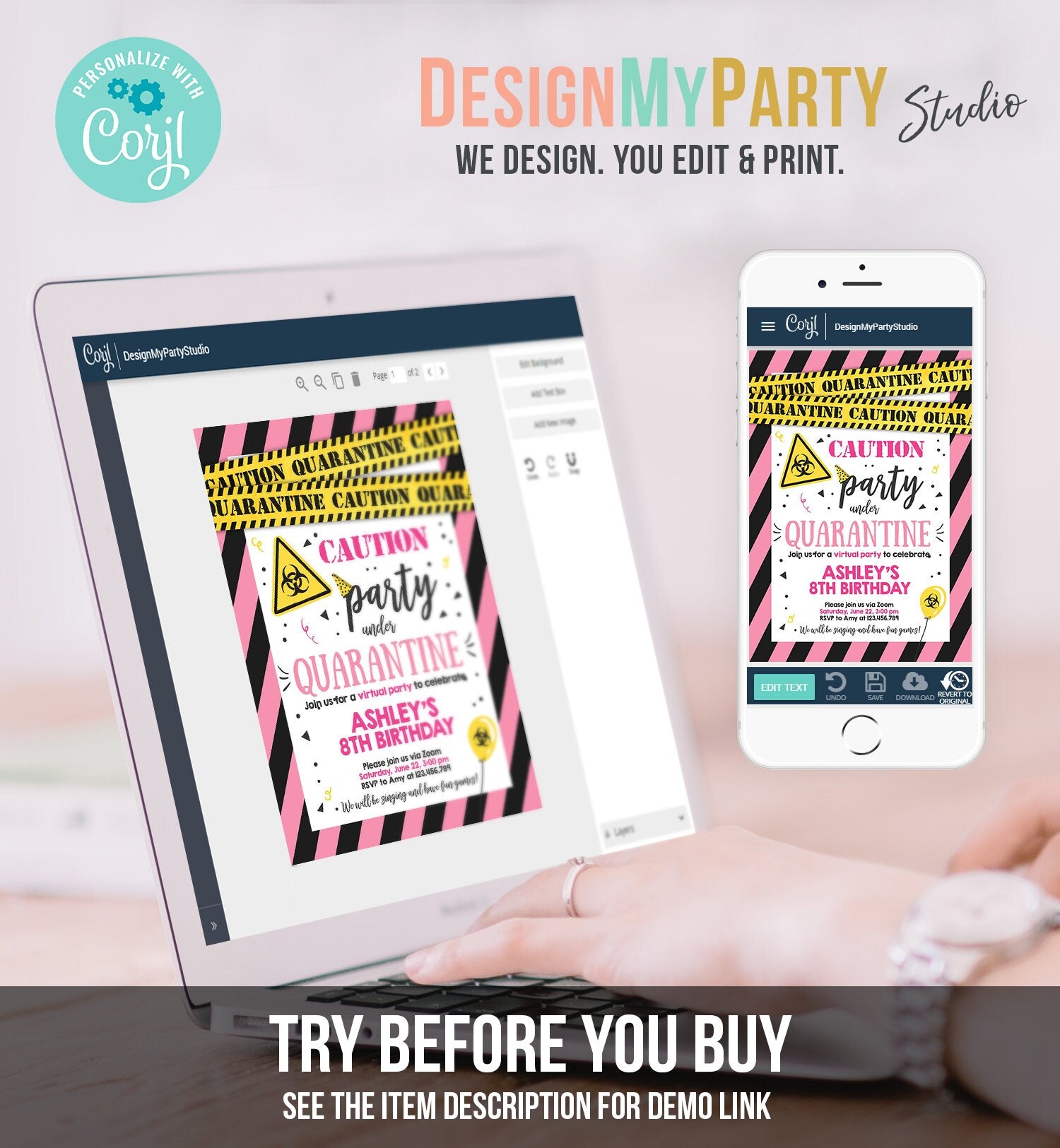 Editable Quarantine Birthday Invitation Virtual Party Quarantine Birthday Party Zoom Birthday Girl Pink Instant Download Digital Corjl 0334