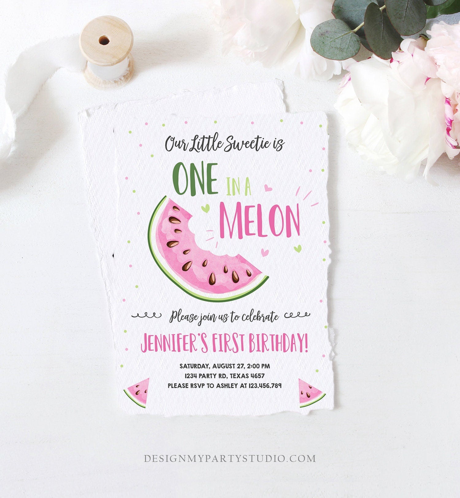 Editable Watermelon Birthday Invitation Girl Pink Red One in a Melon Party Summer Fruit First Birthday 1st Corjl Template Printable 0326