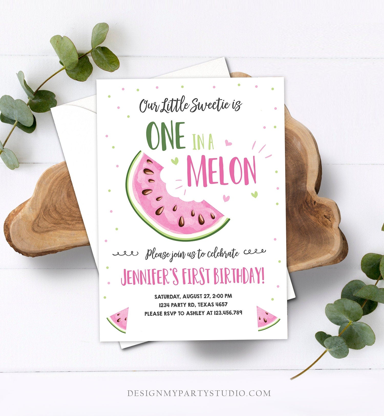 Editable Watermelon Birthday Invitation Girl Pink Red One in a Melon Party Summer Fruit First Birthday 1st Corjl Template Printable 0326