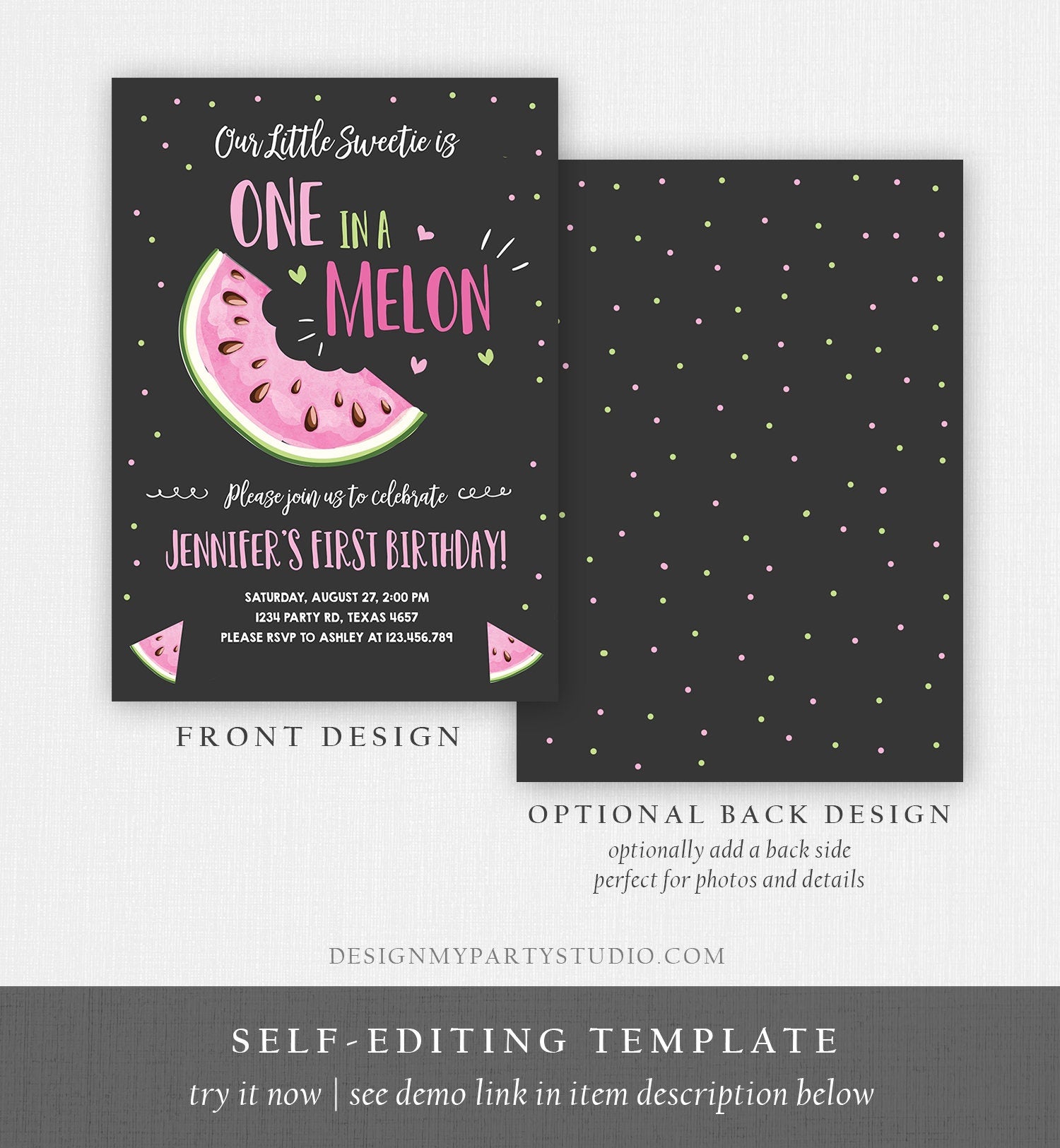 Editable Watermelon Birthday Invitation Girl Pink Red One in a Melon Party Summer Fruit First Birthday 1st Corjl Template Printable 0326