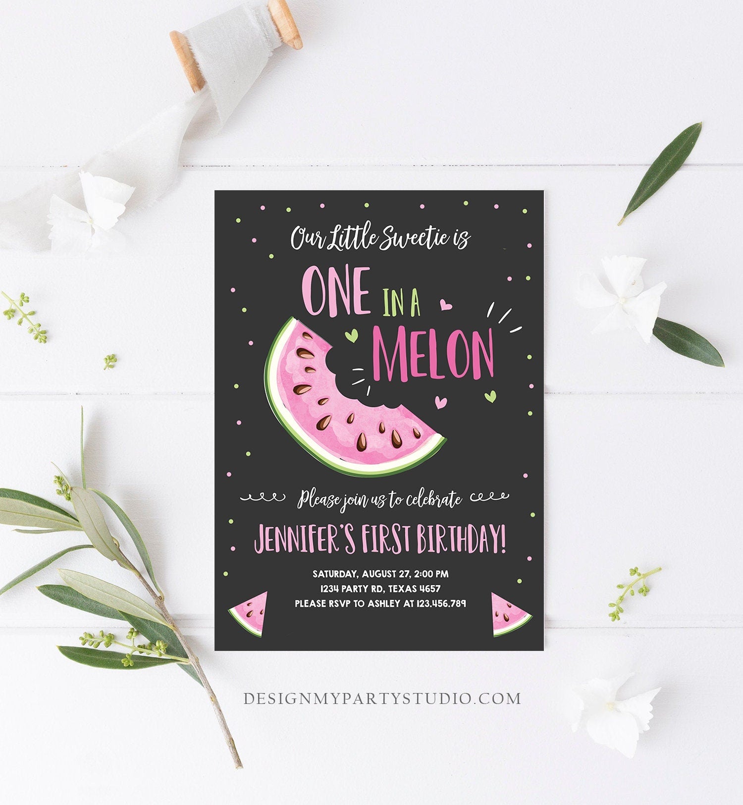 Editable Watermelon Birthday Invitation Girl Pink Red One in a Melon Party Summer Fruit First Birthday 1st Corjl Template Printable 0326