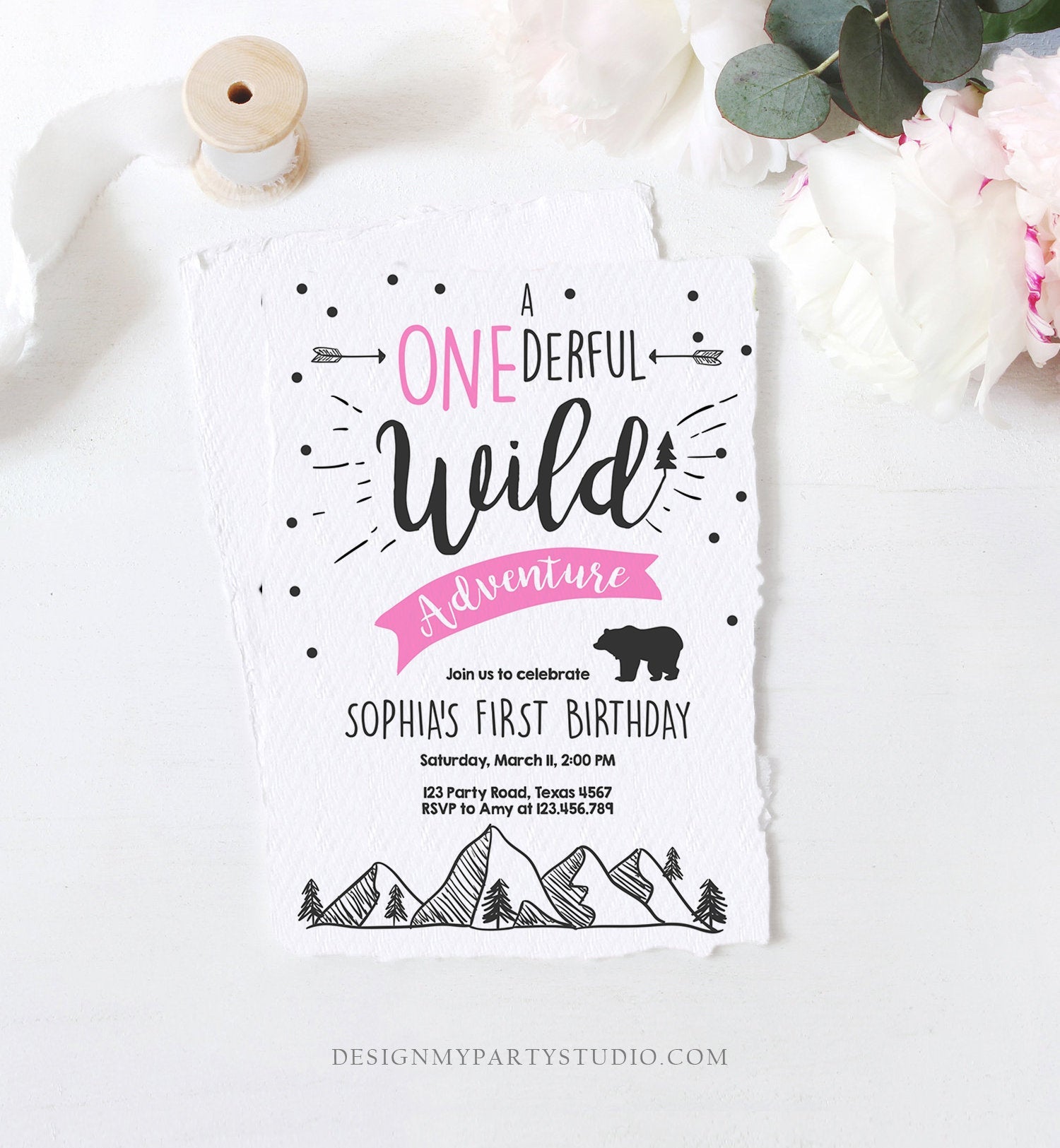 Editable A Onederful Wild Adventure First Birthday Invitation Wild Things Girl Pink Mountains Bear Lumberjack Woodland Corjl Template 0083