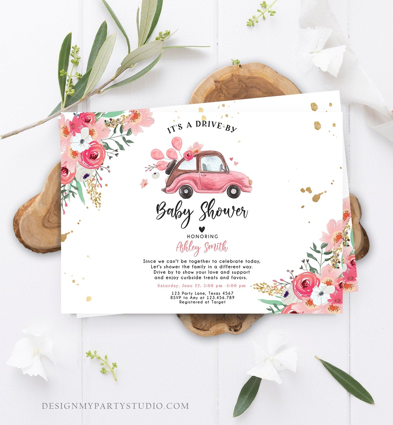 Editable Drive By Baby Shower Invitation Pink Girl Baby Shower Invite Quarantine Drive Through Floral Sprinkle Template Download Corjl 0335