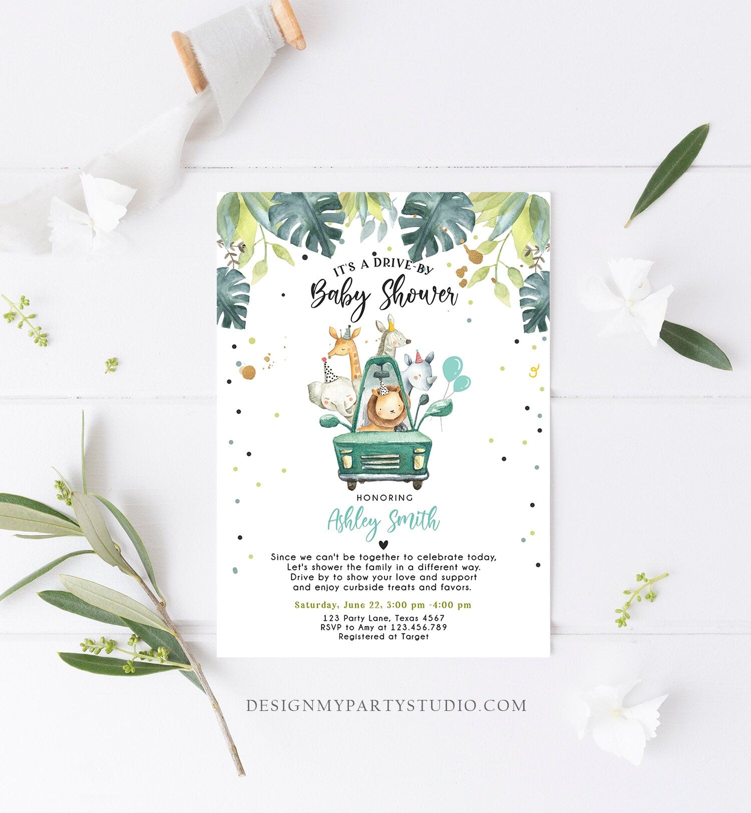 Editable Drive By Baby Shower Invitation Safari Animals Coed Shower Drive Through Quarantine Blue Boy Sprinkle Template Download Corjl 0345