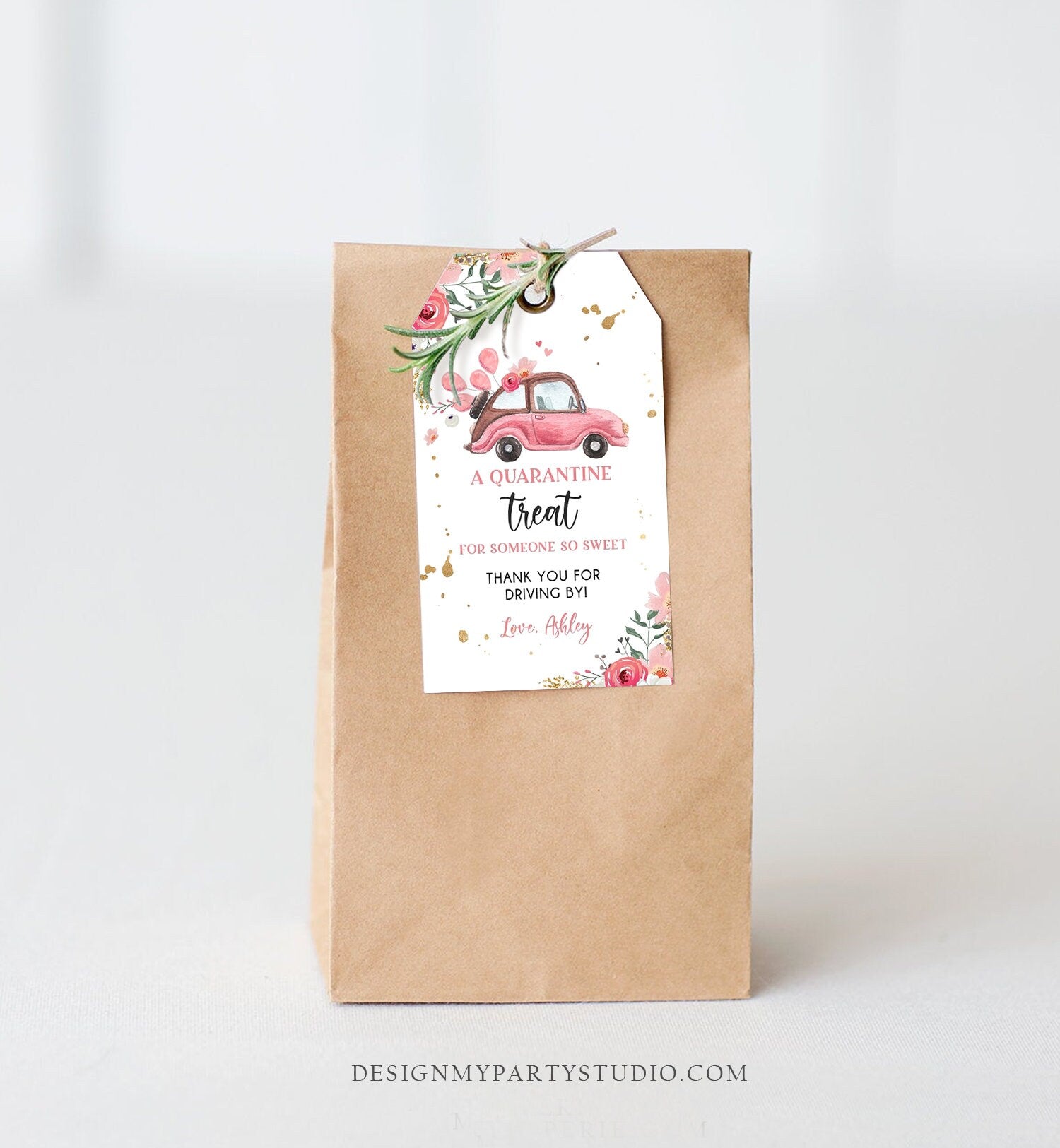 Editable Drive By Favor Tag Drive Through Baby Shower Bridal Shower Birthday Thank You Gift Tags Quarantine Pink Floral Girl Corjl 0335