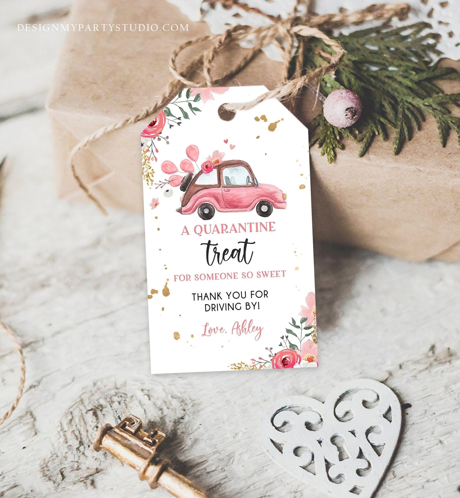 Editable Drive By Favor Tag Drive Through Baby Shower Bridal Shower Birthday Thank You Gift Tags Quarantine Pink Floral Girl Corjl 0335