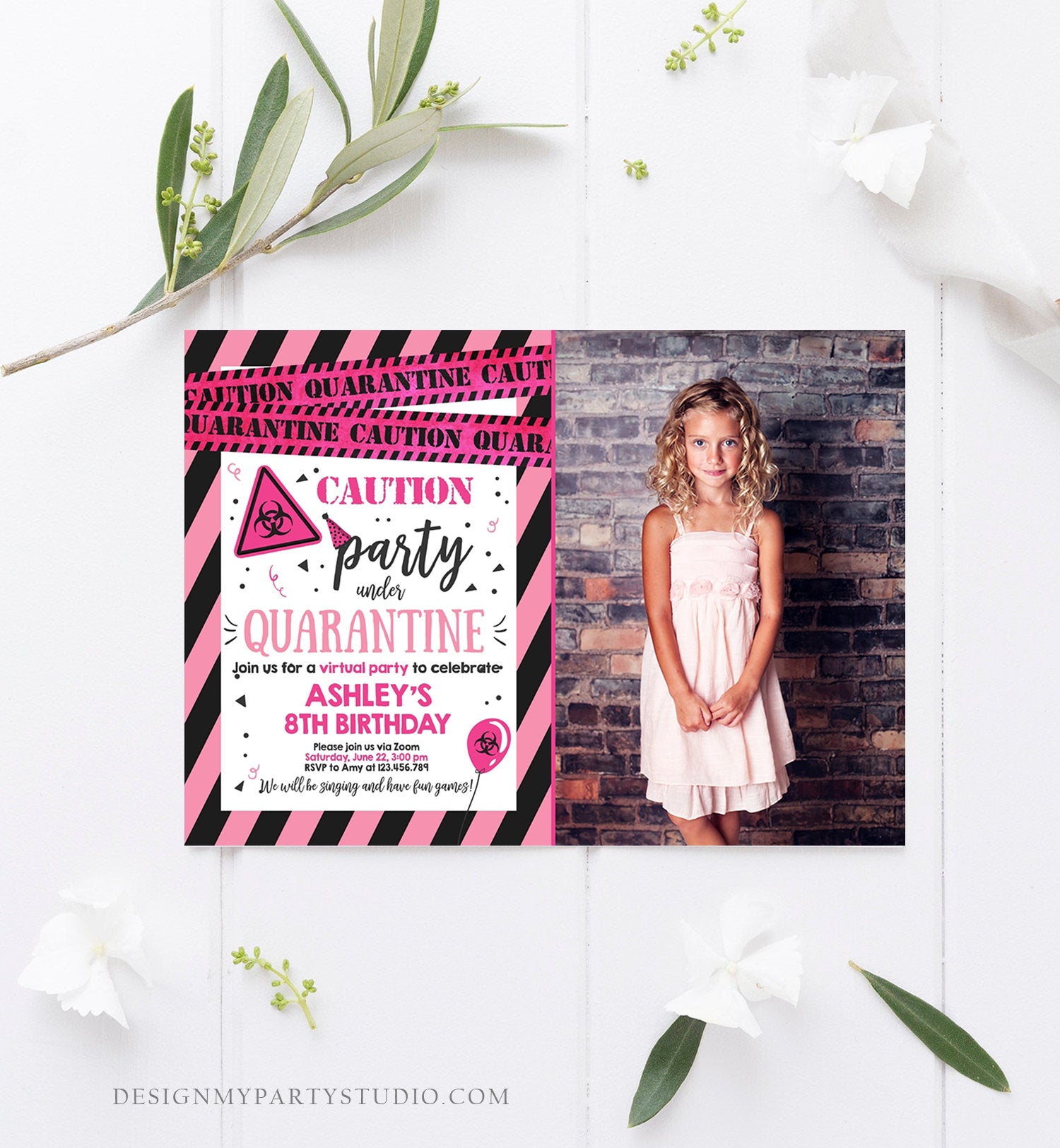 Editable Quarantine Birthday Invitation Virtual Party Quarantine Party Zoom Girl Pink No One Invited Hangout Corjl Template Printable 0334