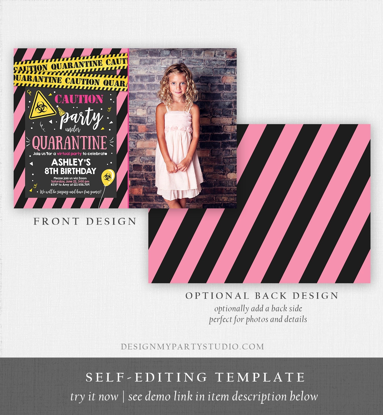 Editable Quarantine Birthday Invitation Virtual Party Quarantine Party Zoom Girl Pink No One Invited Hangout Corjl Template Printable 0334