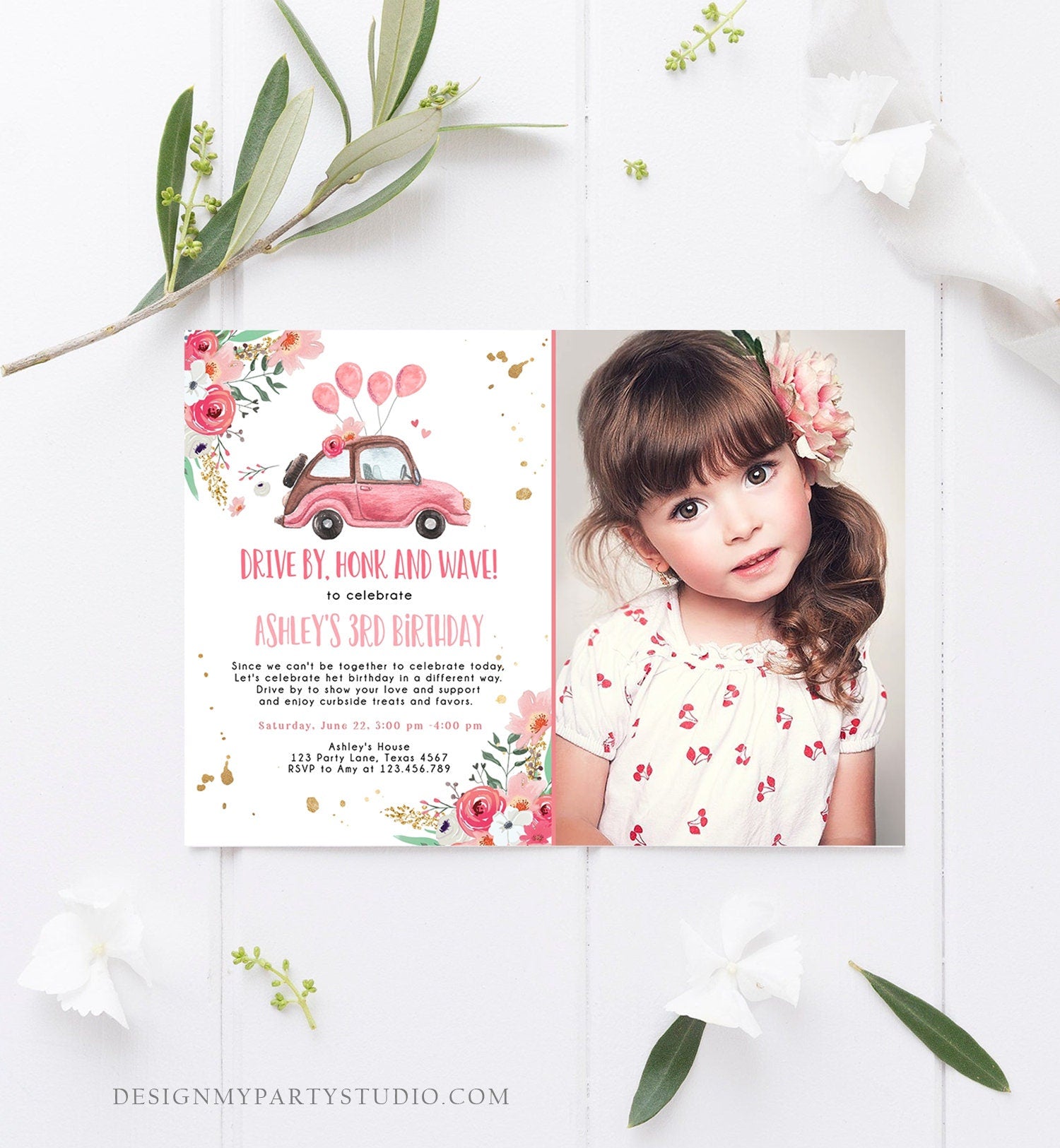 Editable Drive By Birthday Parade Invitation Virtual Party Honk Wave Girl Pink Car Quarantine No One Invited Digital Corjl Template 0335