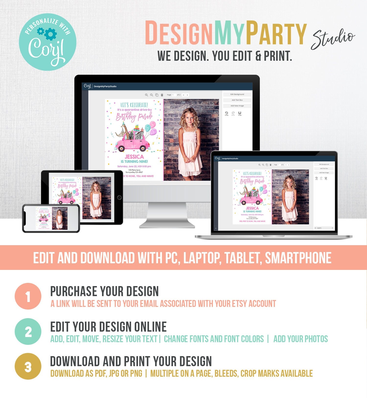 Editable Drive By Birthday Parade Invitation Party Animals Virtual Birthday Party Girl Pink Car Quarantine Digital Corjl Template 0333