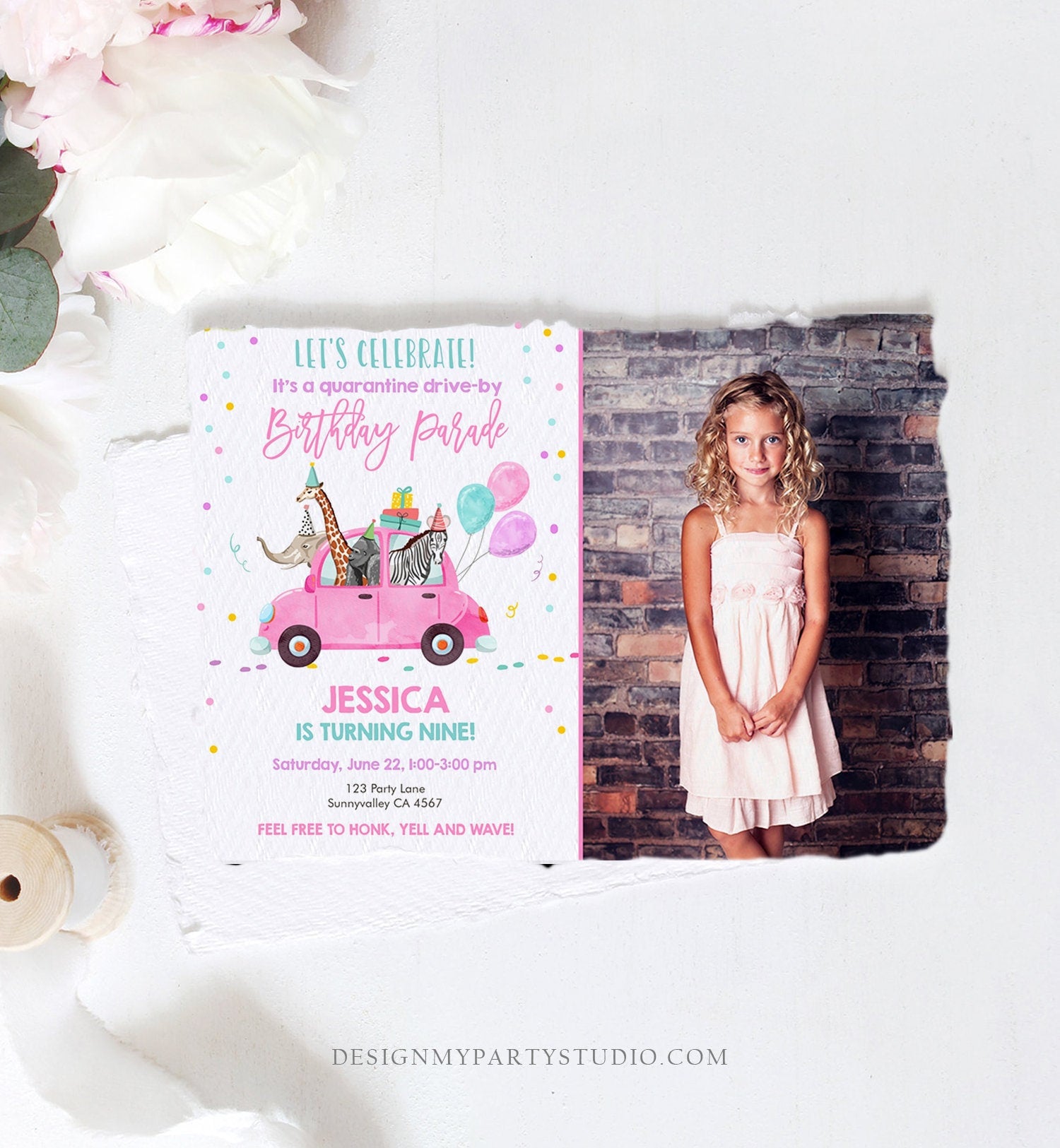 Editable Drive By Birthday Parade Invitation Party Animals Virtual Birthday Party Girl Pink Car Quarantine Digital Corjl Template 0333