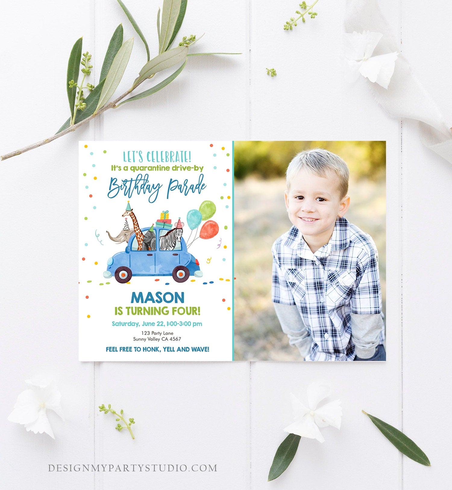 Editable Drive By Birthday Parade Invitation Virtual Party Invite Honk Wave Boy Blue Car Party Animals Instant Download Digital Corjl 0333
