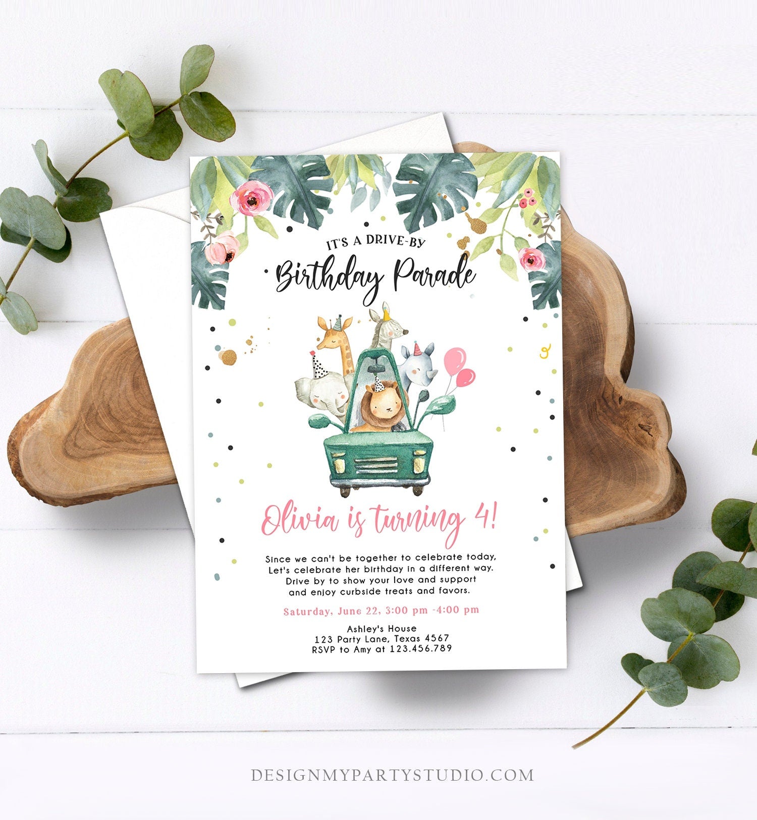 Editable Drive By Birthday Invitation Safari Animals Party Animals Drive Through Quarantine Pink Girl Car Download Corjl Template 0345