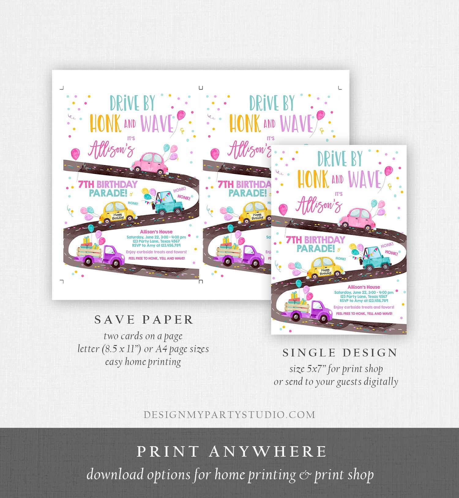 Editable Drive By Birthday Parade Invitation Virtual Party Invite Honk Wave Car Girl Pink Quarantine Instant Download Digital Corjl 0333