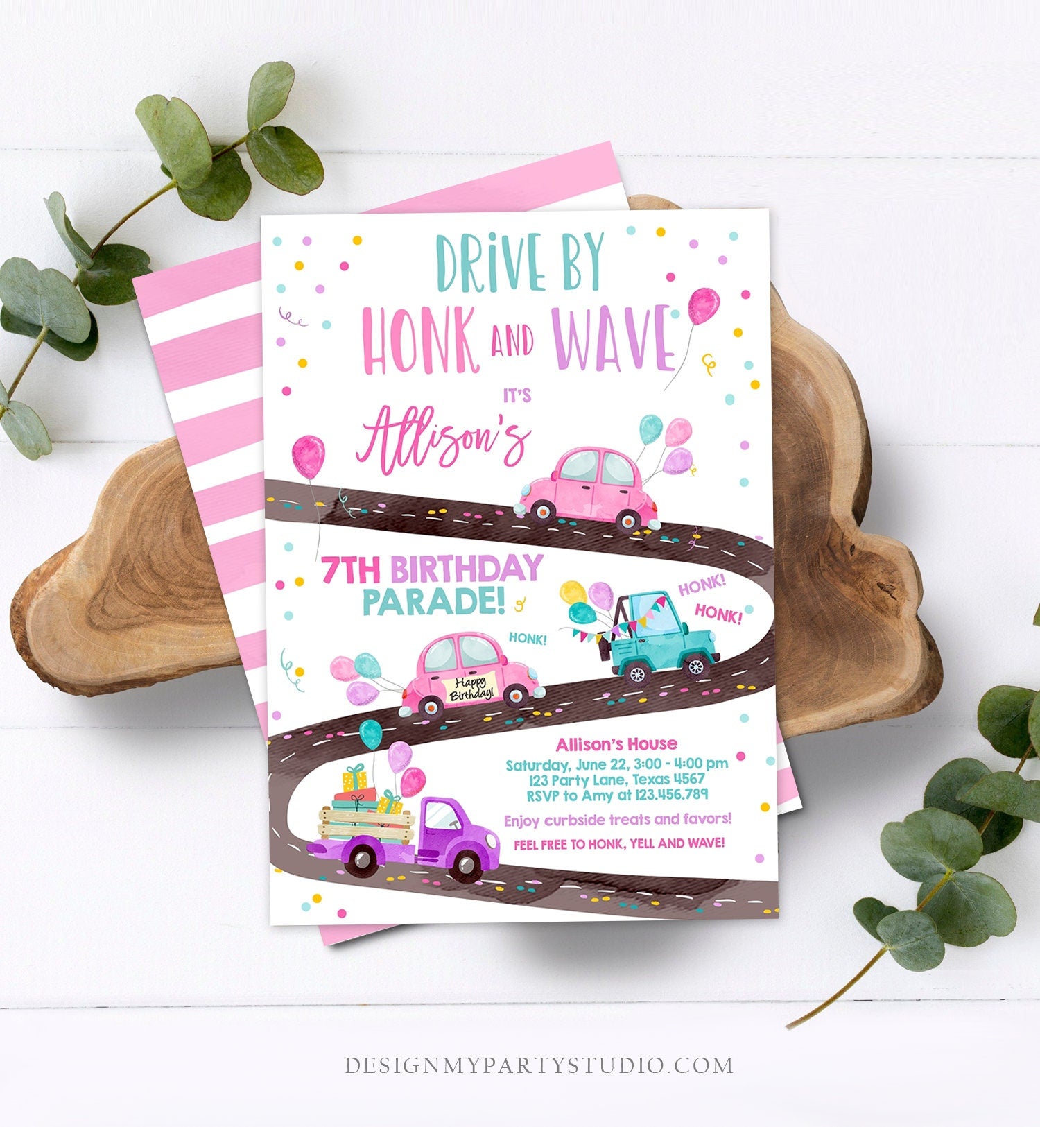Editable Drive By Birthday Parade Invitation Virtual Party Invite Honk Wave Car Girl Pink Quarantine Instant Download Digital Corjl 0333