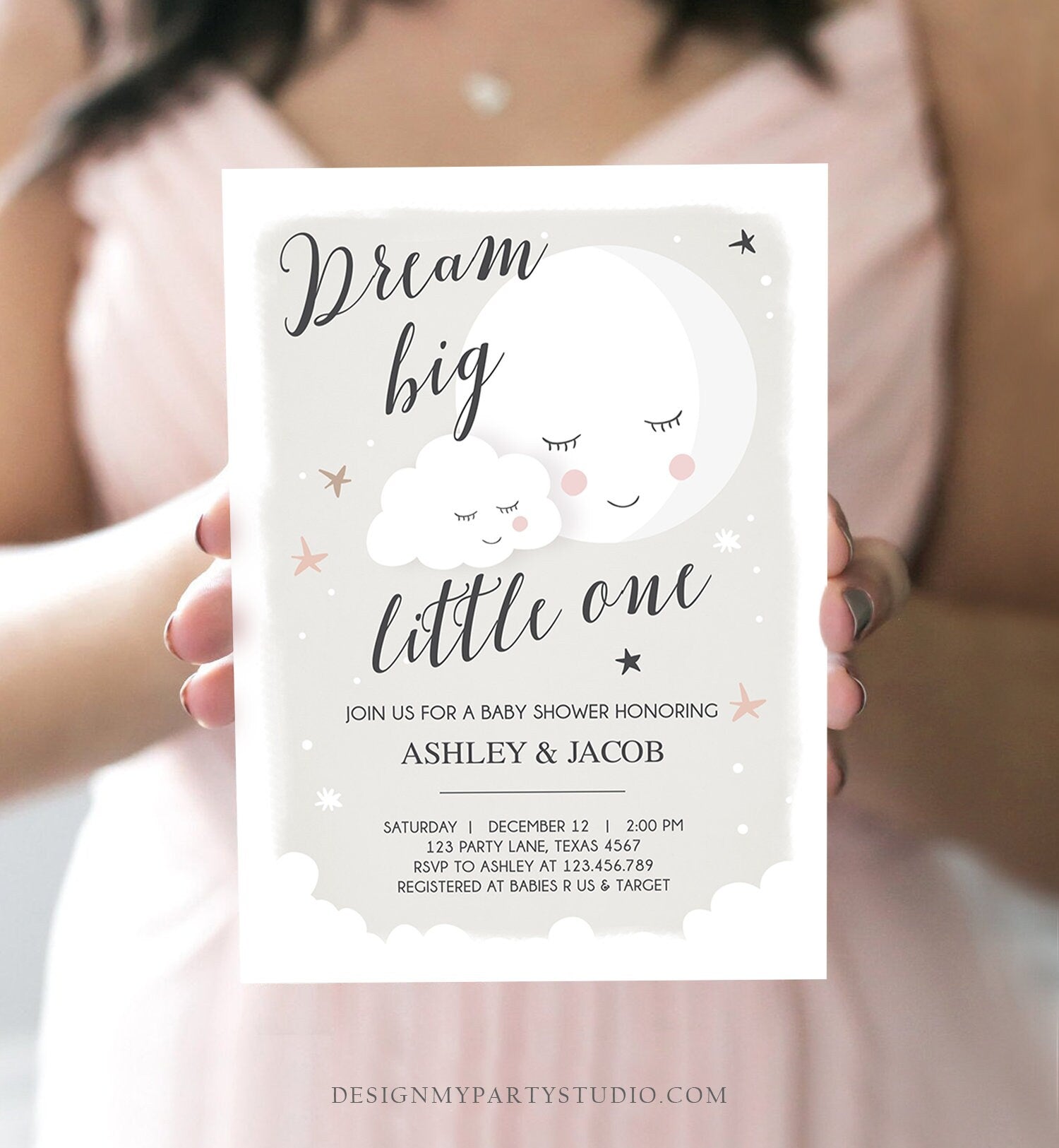 Editable Dream Big Little One Baby Shower Invitation Stars Moon and Back Invites Gender Neutral Birthday Template Download Corjl 0113