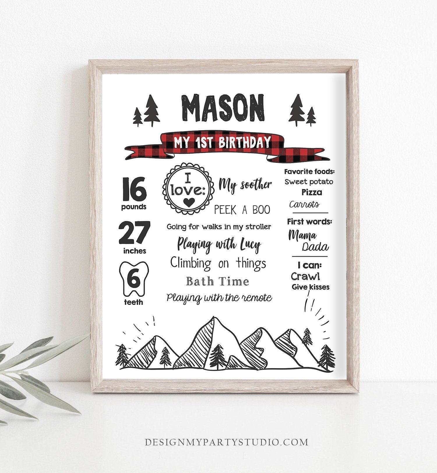 Editable Lumberjack Birthday Milestones Sign Mountains Bears Trees Woodland Boy Red Plaid First Birthday 1st Corjl Template Printable 0377