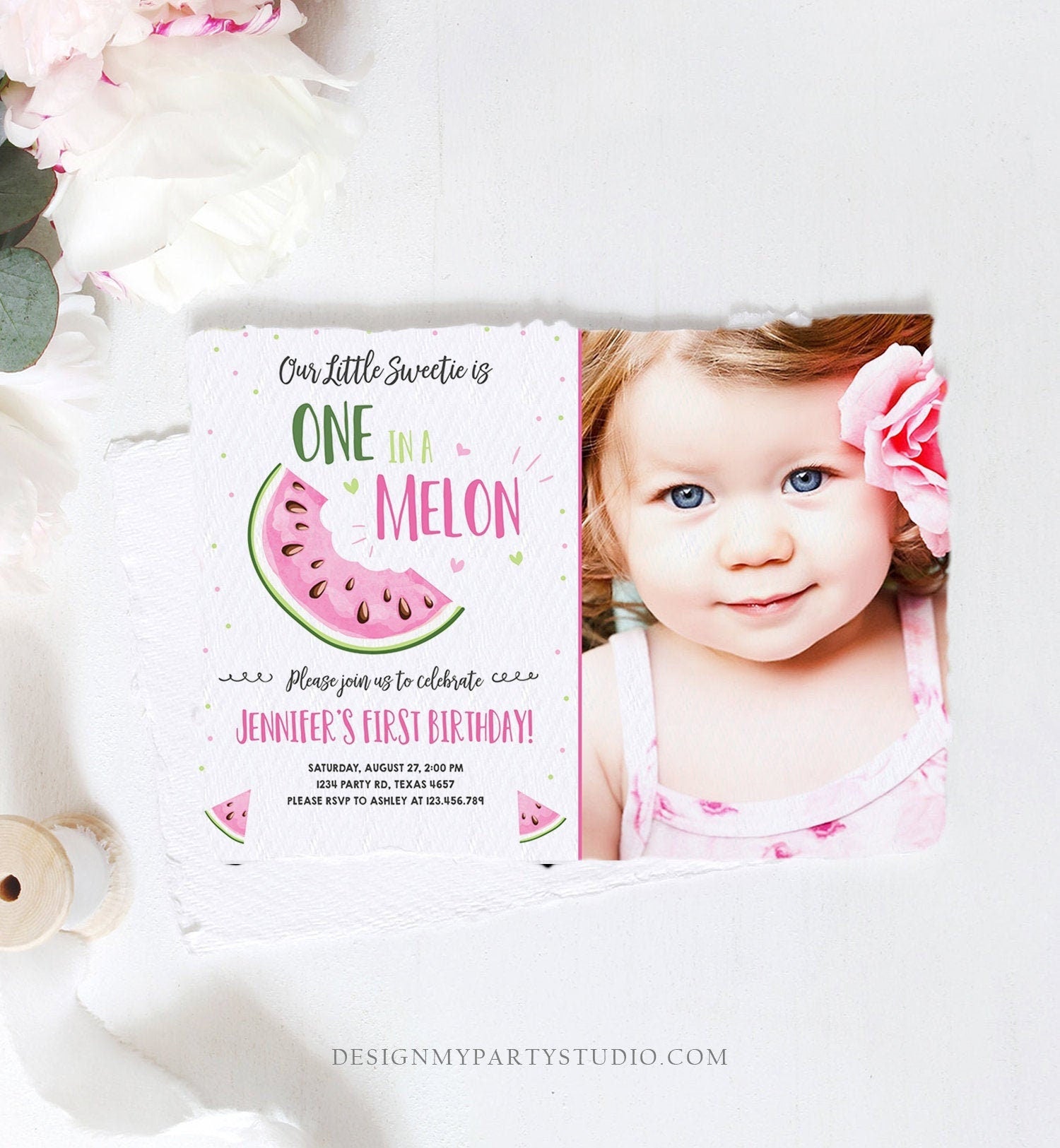 Editable Watermelon Birthday Invitation Girl Pink Red One in a Melon Party Summer Fruit First Birthday 1st Corjl Template Printable 0326
