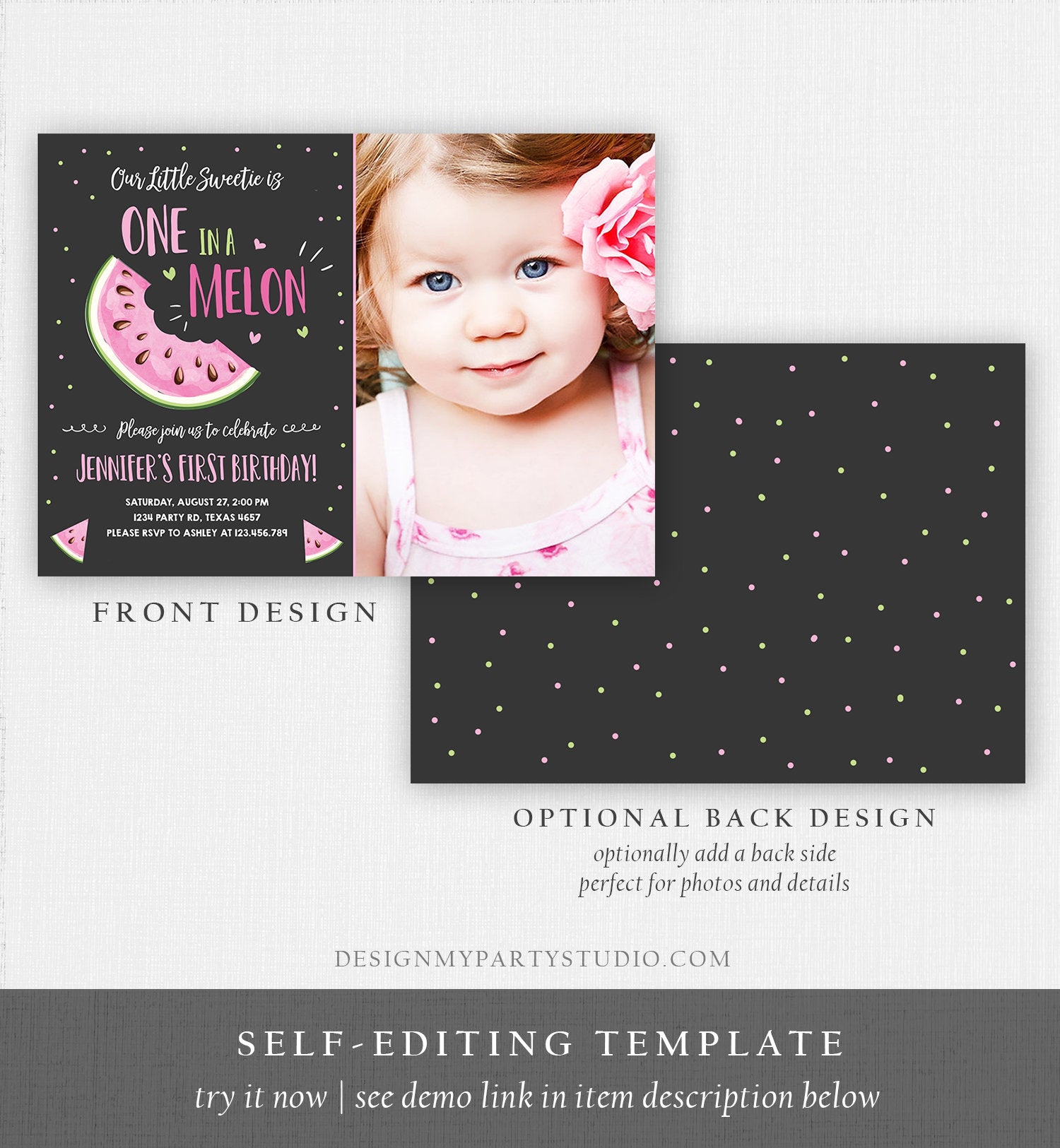 Editable Watermelon Birthday Invitation Girl Pink Red One in a Melon Party Summer Fruit First Birthday 1st Corjl Template Printable 0326