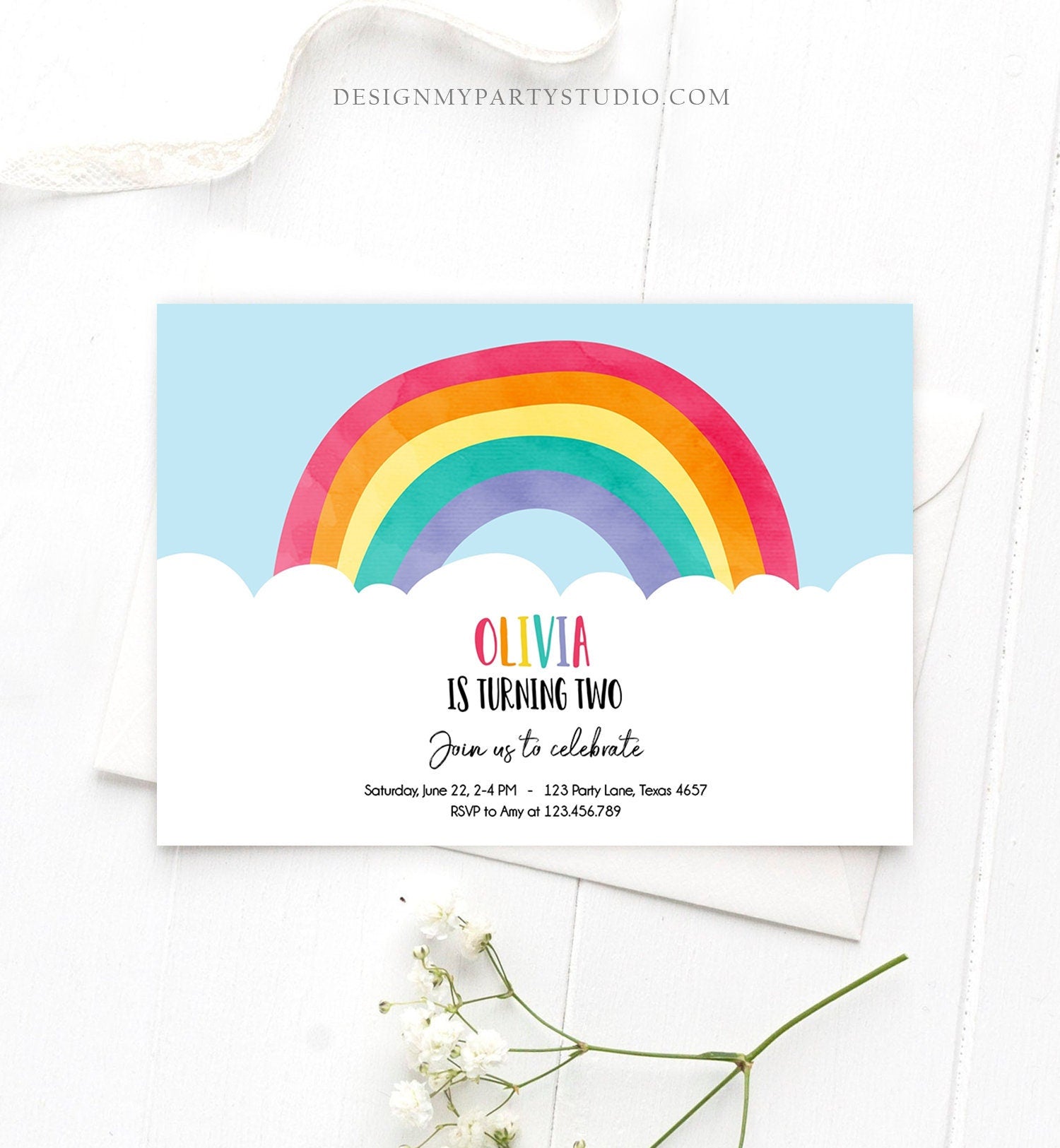 Editable Rainbow Birthday Invitation Kids Girl Boy Neutral Party Clouds Colorful Rainbow Colors Printable Corjl Template Digital 0272