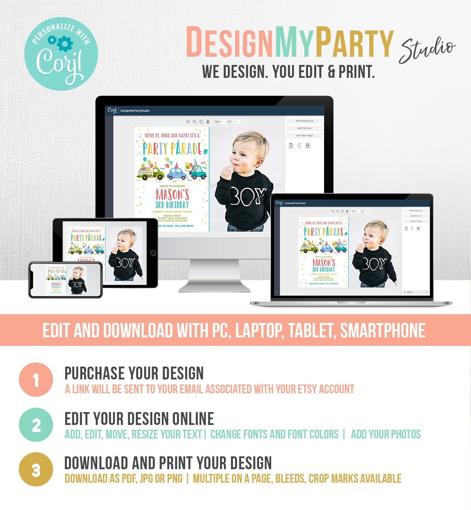 Editable Drive By Birthday Parade Invitation Virtual Party Invite Honk Wave Car Boy Blue Quarantine Instant Download Digital Corjl 0333