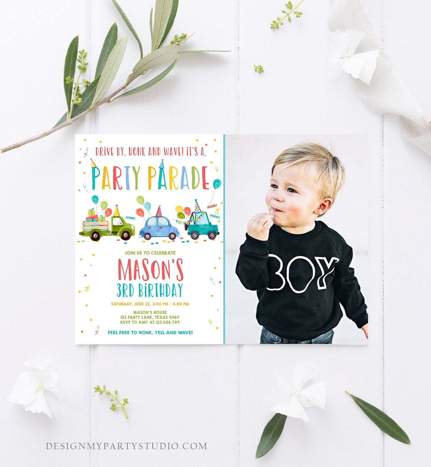 Editable Drive By Birthday Parade Invitation Virtual Party Invite Honk Wave Car Boy Blue Quarantine Instant Download Digital Corjl 0333