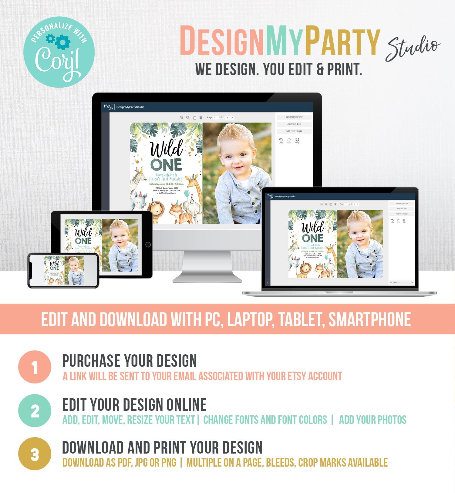 Editable Wild One Birthday Invitation Boy Safari Animals Green Gold Party Animals First Birthday 1st Download Template Corjl Printable 0163