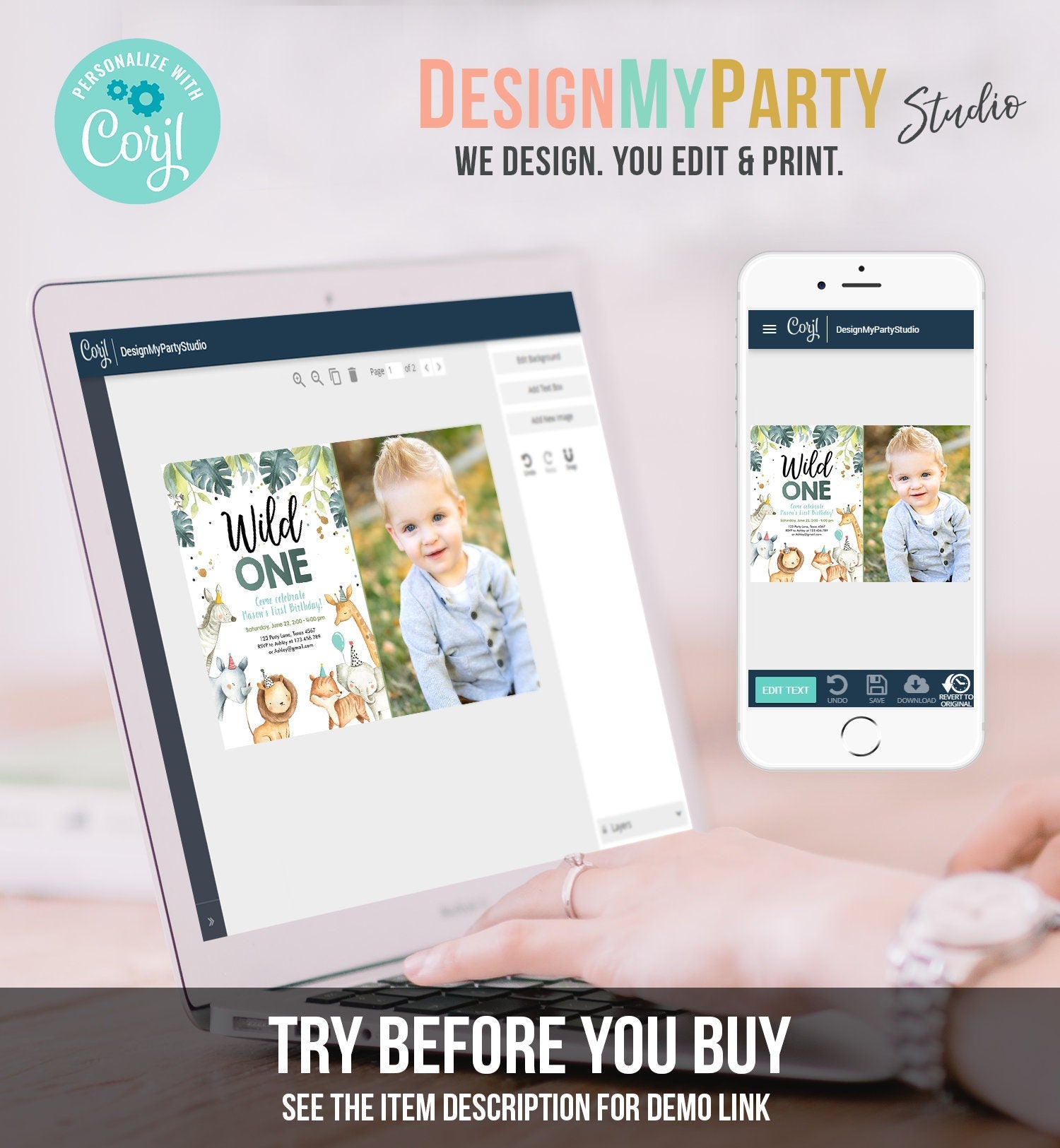 Editable Wild One Birthday Invitation Boy Safari Animals Green Gold Party Animals First Birthday 1st Download Template Corjl Printable 0163