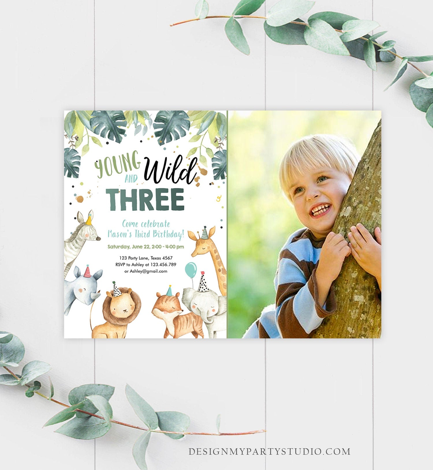 Editable Young Wild and Three Birthday Invitation Boy Safari Animals Green Party Animals Third Birthday 3rd Template Corjl Printable 0163