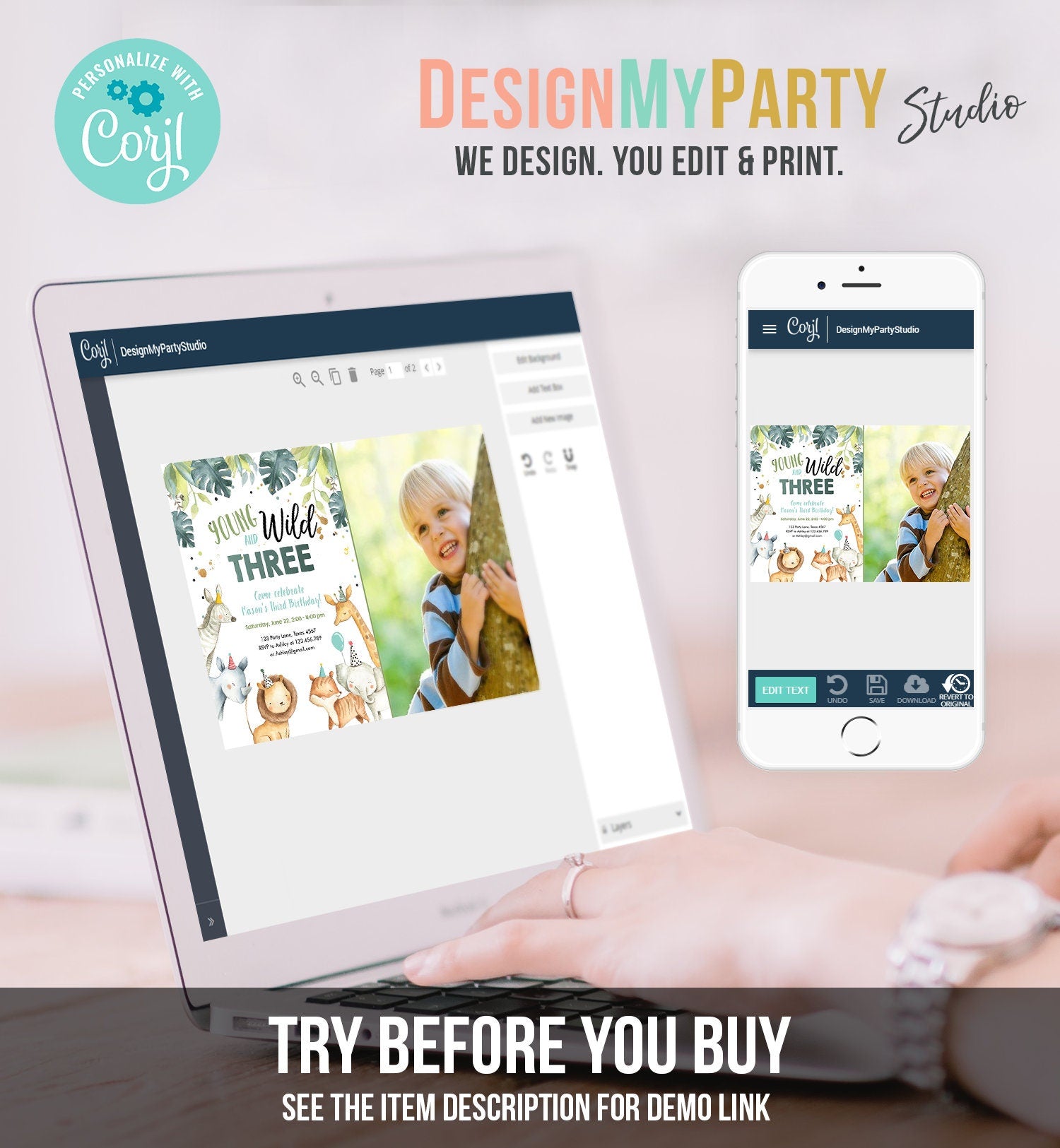 Editable Young Wild and Three Birthday Invitation Boy Safari Animals Green Party Animals Third Birthday 3rd Template Corjl Printable 0163