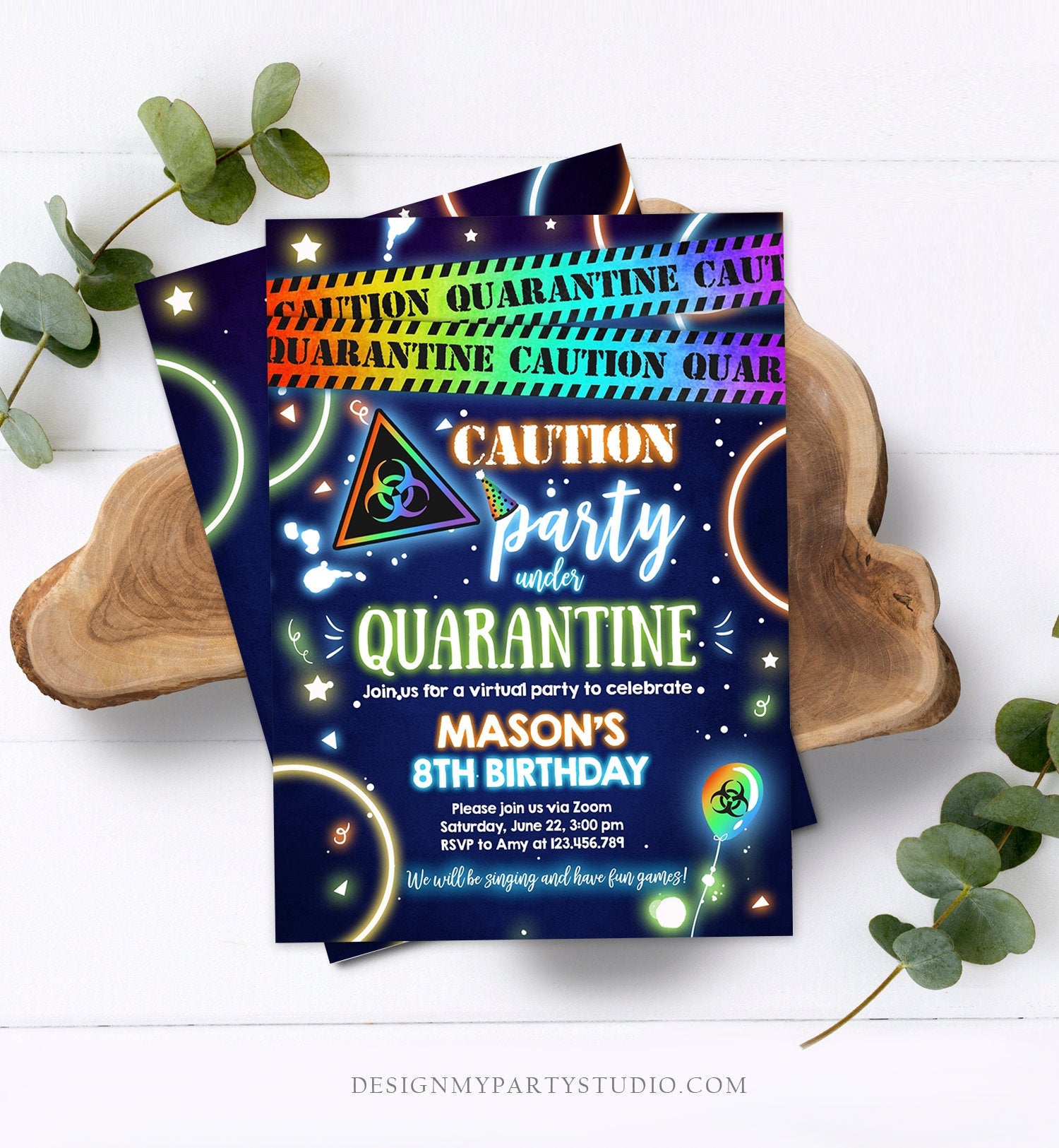Editable Quarantine Birthday Invitation Virtual Party Quarantine Party Zoom Blue Boy No One Invited Hangout Corjl Template Printable 0334