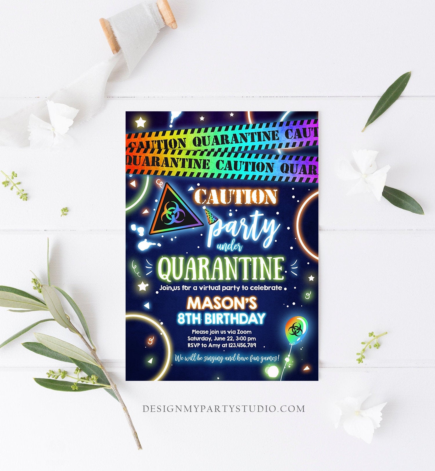 Editable Quarantine Birthday Invitation Virtual Party Quarantine Party Zoom Blue Boy No One Invited Hangout Corjl Template Printable 0334
