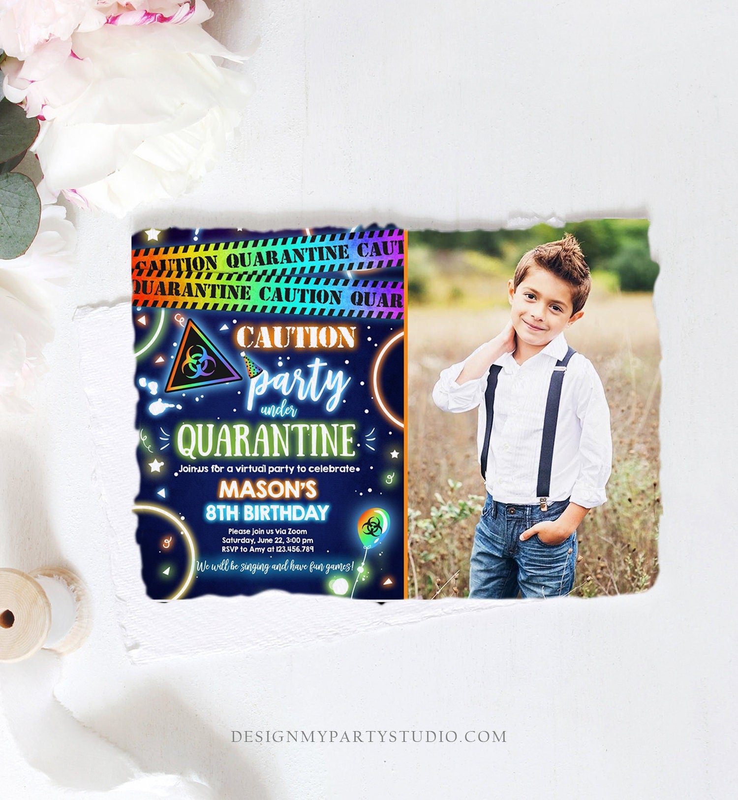 Editable Quarantine Birthday Invitation Virtual Party Quarantine Party Zoom Blue Boy No One Invited Hangout Corjl Template Printable 0334