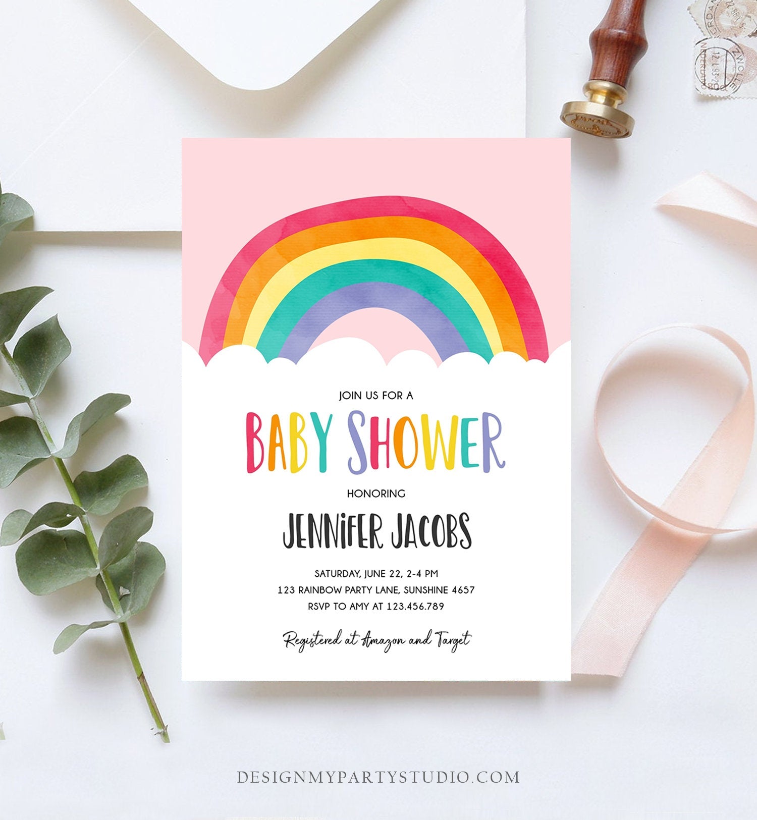Editable Rainbow Baby Shower Invitation Boy or Girl Neutral Clouds Coed Over the Rainbow Pink or Blue Digital Corjl Template Printable 0272