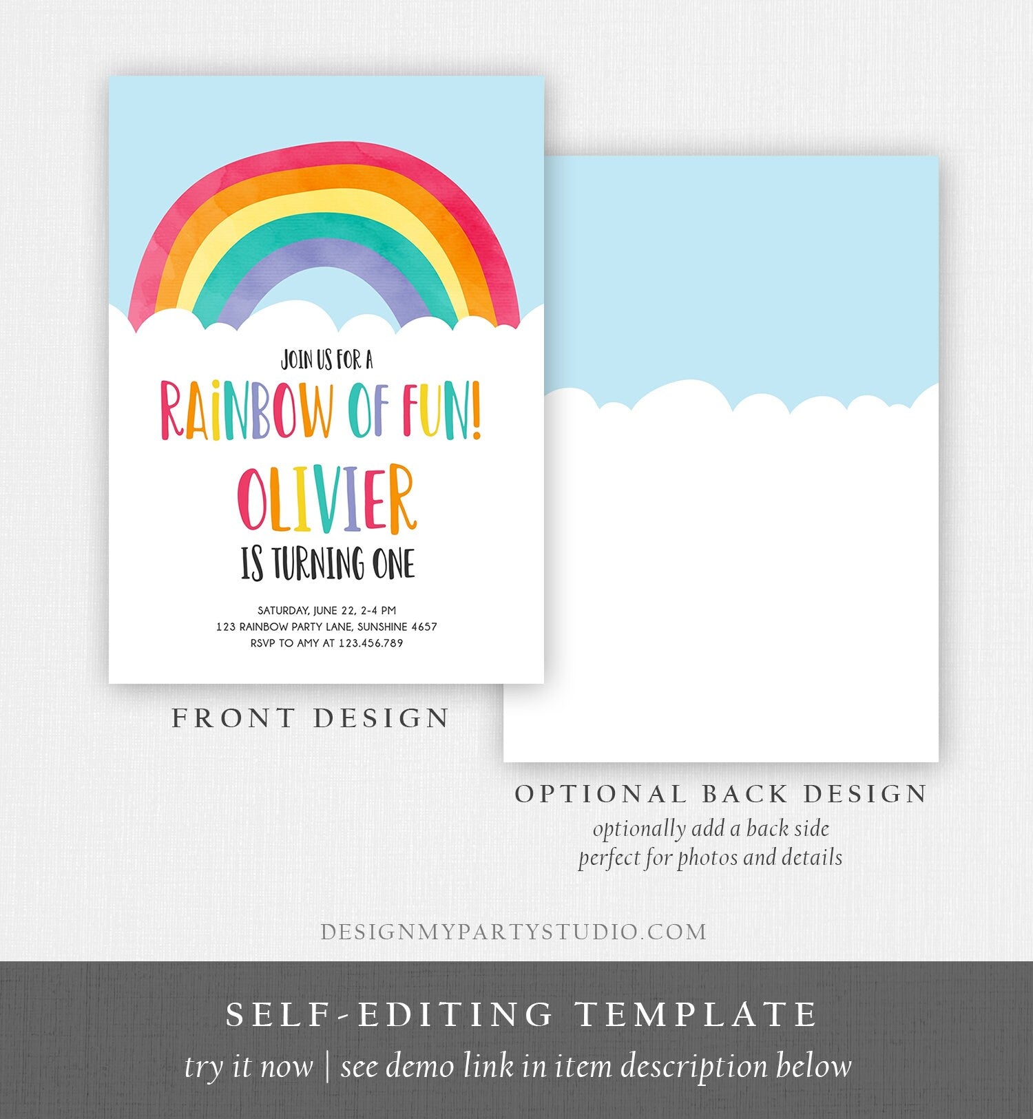 Editable Rainbow Fun Birthday Invitation Boy Girl Neutral Clouds Blue Rainbow Fun First Birthday Digital Corjl Template Printable 0272