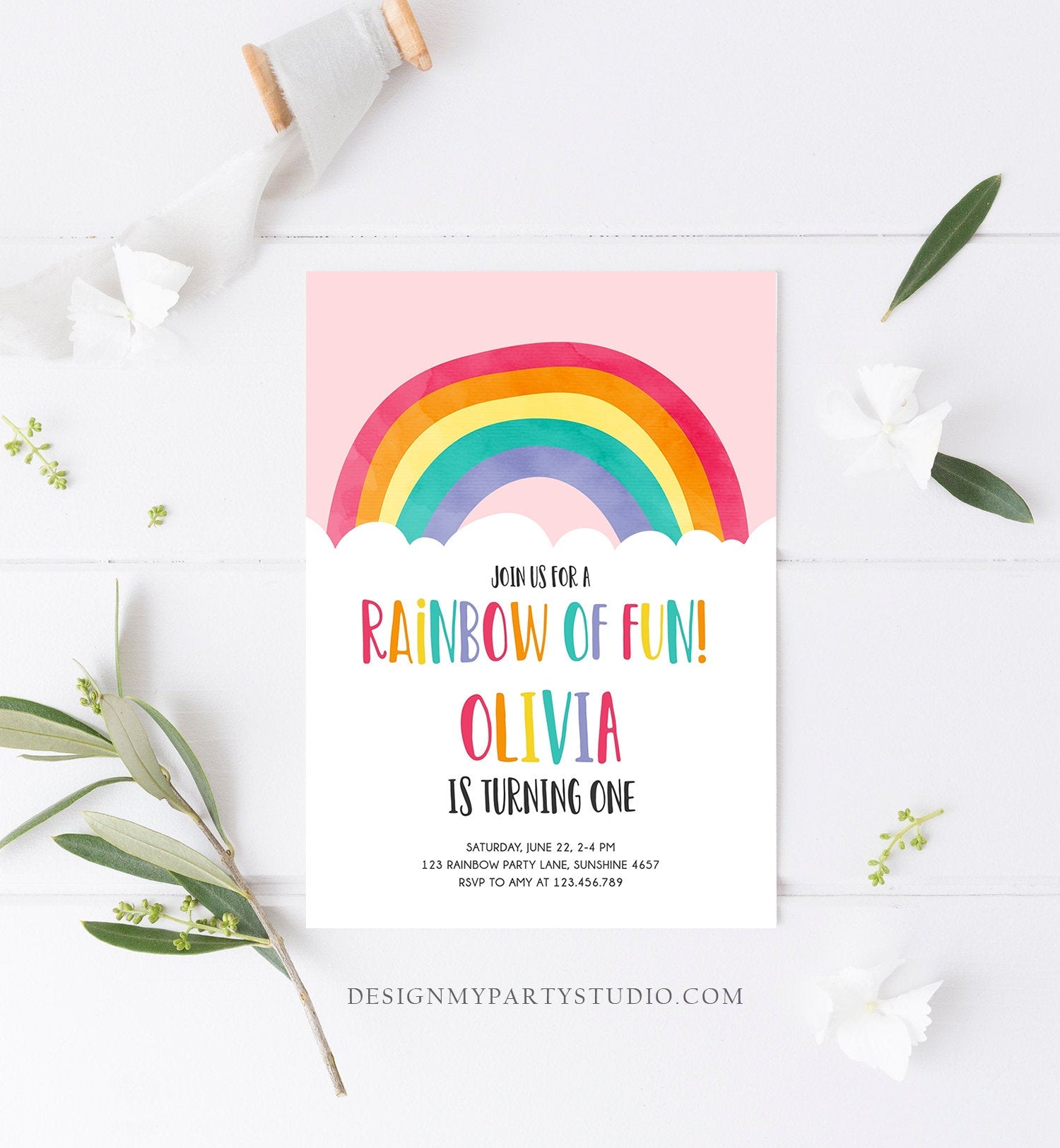 Editable Rainbow Fun Birthday Invitation Boy Girl Neutral Clouds Pink Rainbow Fun First Birthday Digital Corjl Template Printable 0272