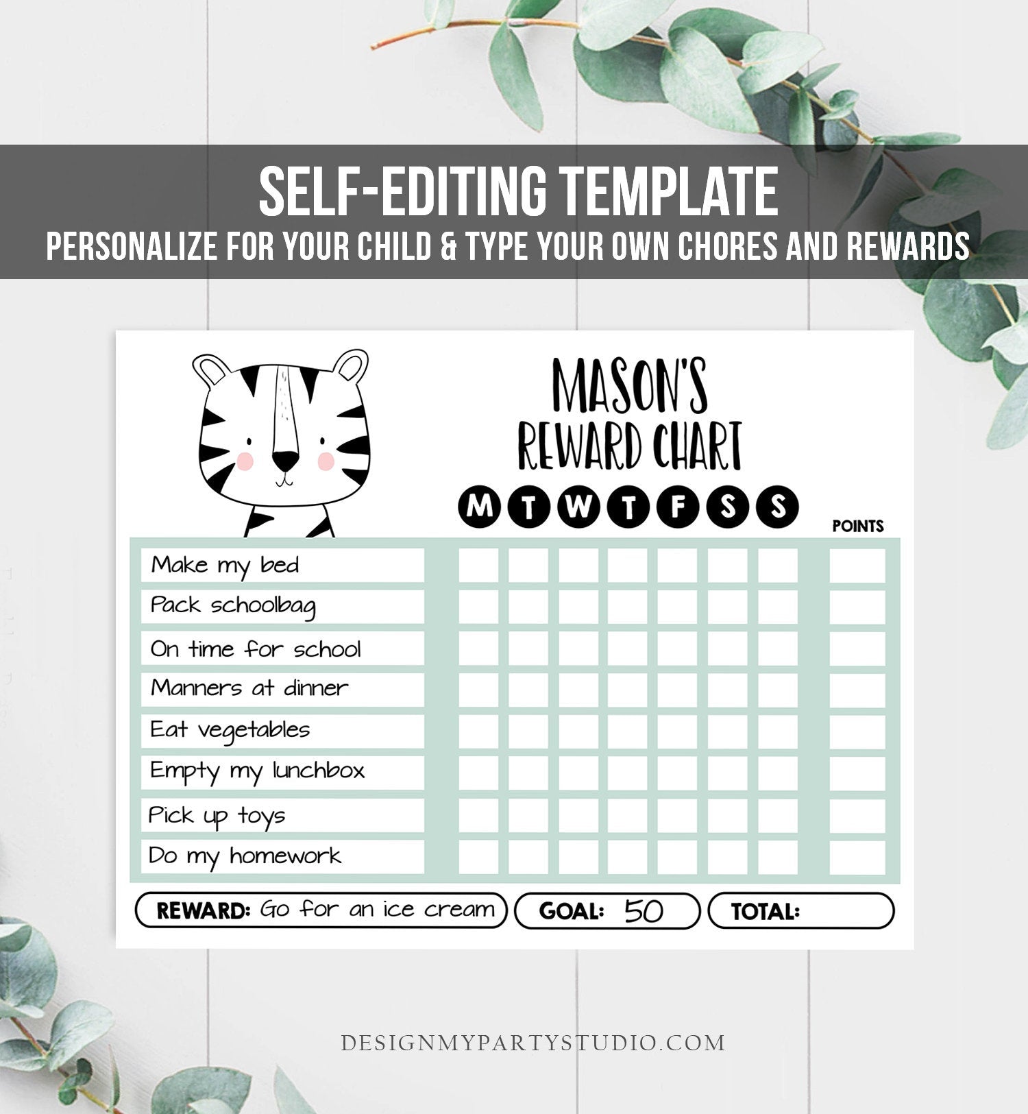 Editable Tiger Reward Chart for Boys Printable Animal Chore Chart for Kids Chores Girl Routine Chart Homeschool Template Corjl 0039