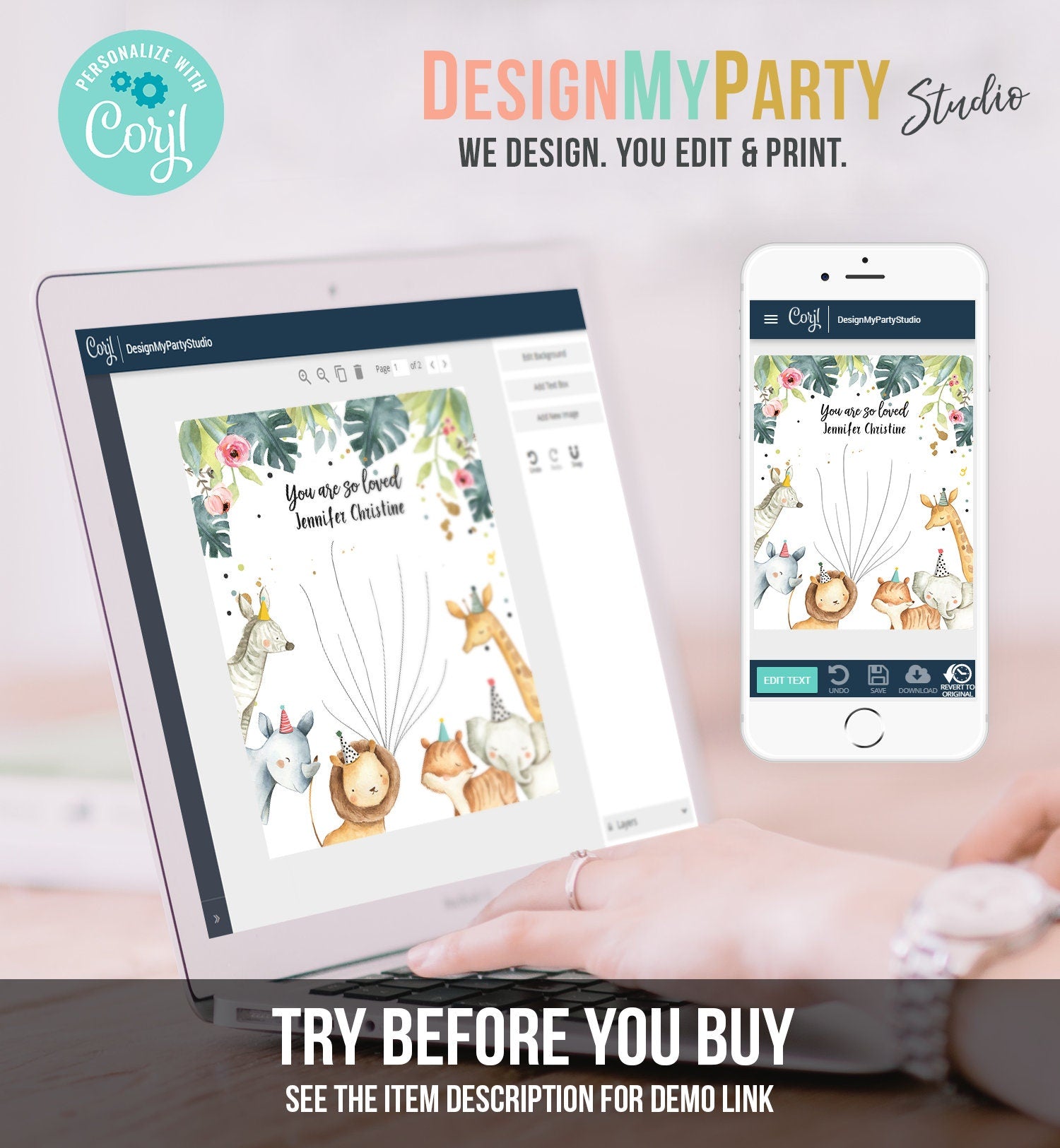 Editable Safari Animals Baby Shower Fingerprint Guestbook Thumbprint Guest Book Tree Jungle Wild One Gold Girl Corjl Template Printable 0163