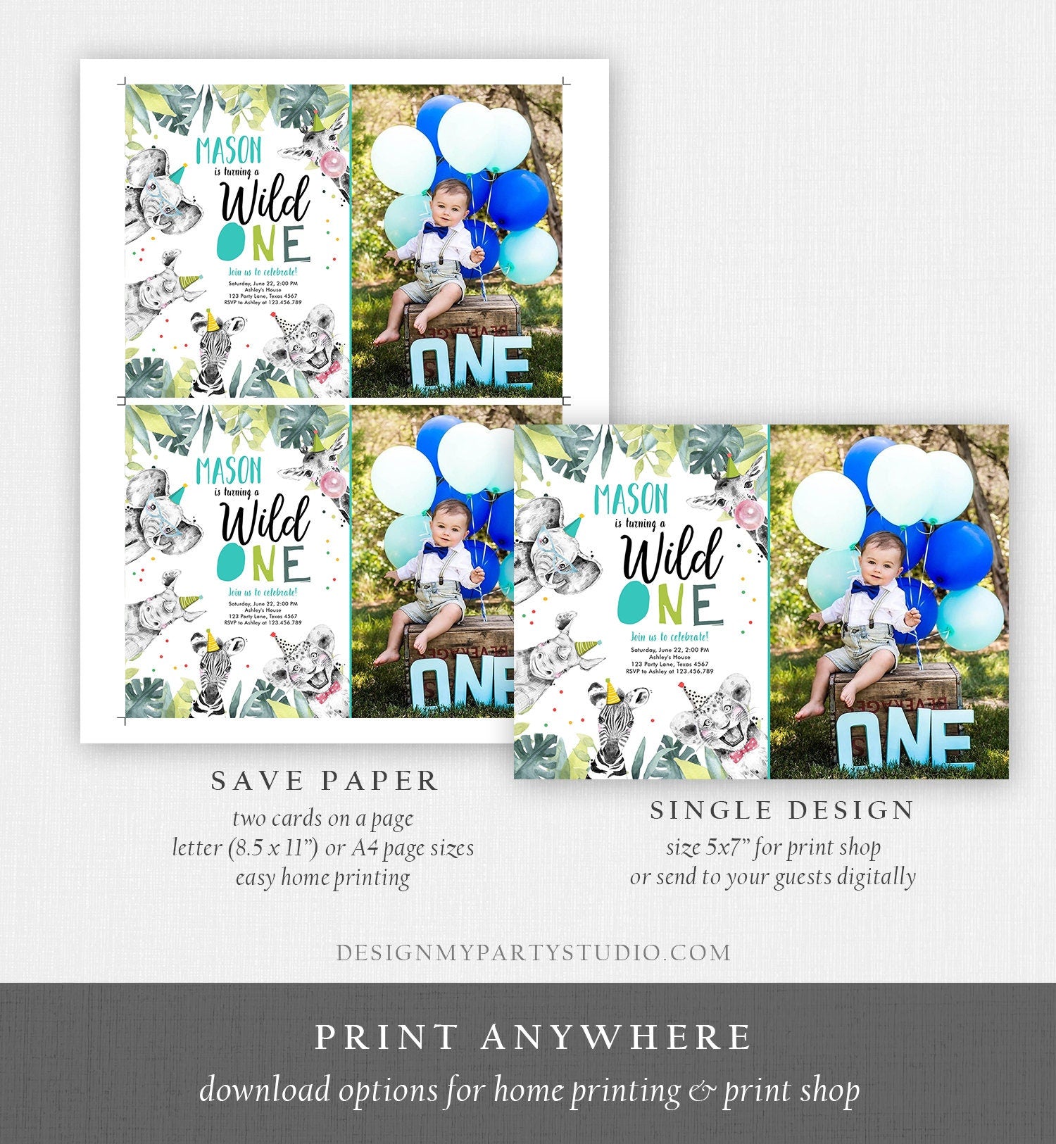 Editable Wild One Birthday Invitation Boy First Birthday Safari Animals Party Animals Born to be Wild Jungle Corjl Template Printable 0322