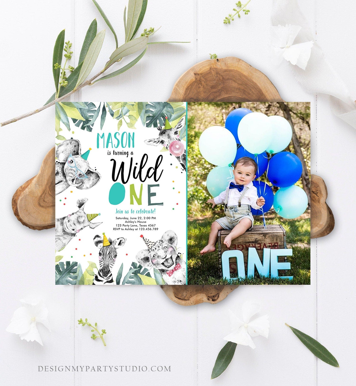Editable Wild One Birthday Invitation Boy First Birthday Safari Animals Party Animals Born to be Wild Jungle Corjl Template Printable 0322