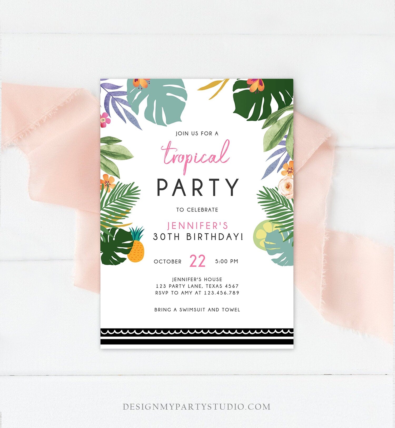 Editable Tropical Birthday Invitation Tropical Party Adult 30th 40th Birthday Pink Woman Palm Leaves Hawaiian Printable Template Corjl 0183