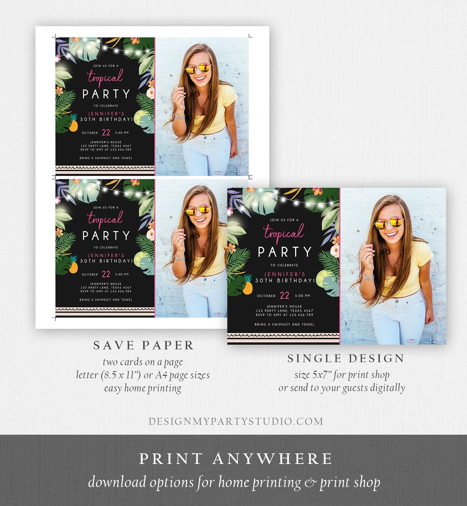 Editable Tropical Birthday Invitation Tropical Party Adult 30th 40th Birthday Pink Woman Palm Leaves Hawaiian Printable Template Corjl 0183